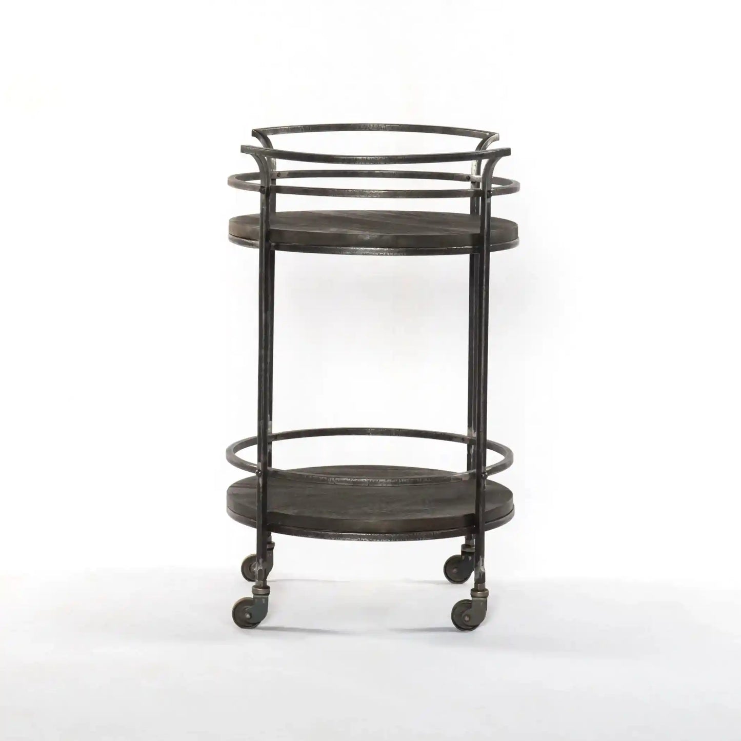 Round Bar Cart with Solid Wood Top & Dark Gray Iron Frame