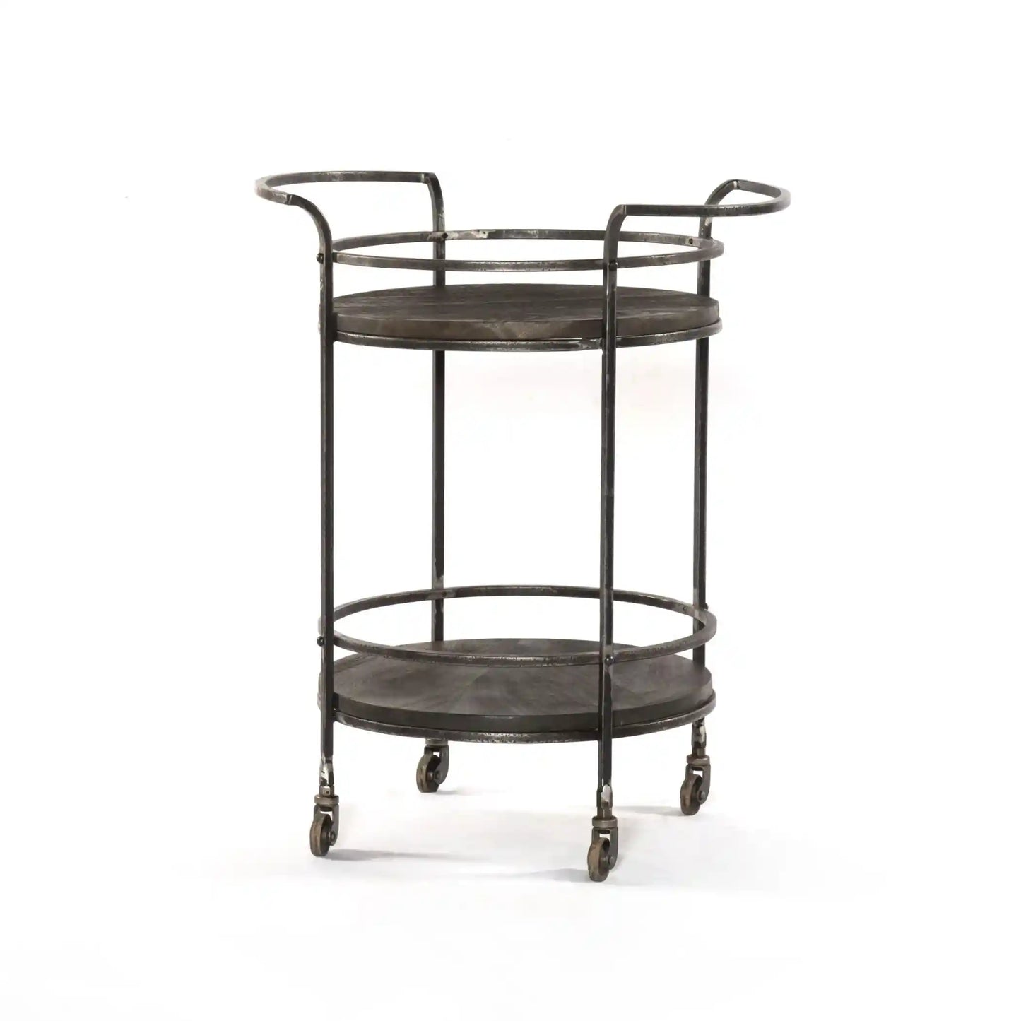 Round Bar Cart with Solid Wood Top & Dark Gray Iron Frame