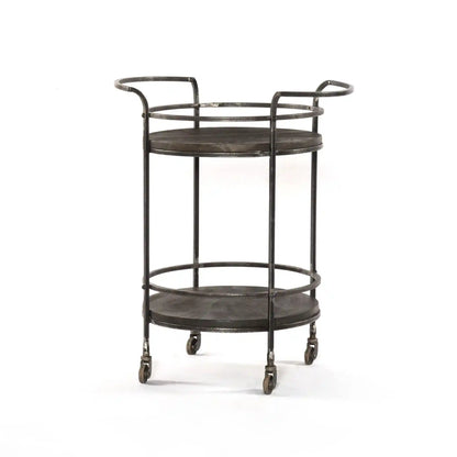 Round Bar Cart with Solid Wood Top & Dark Gray Iron Frame