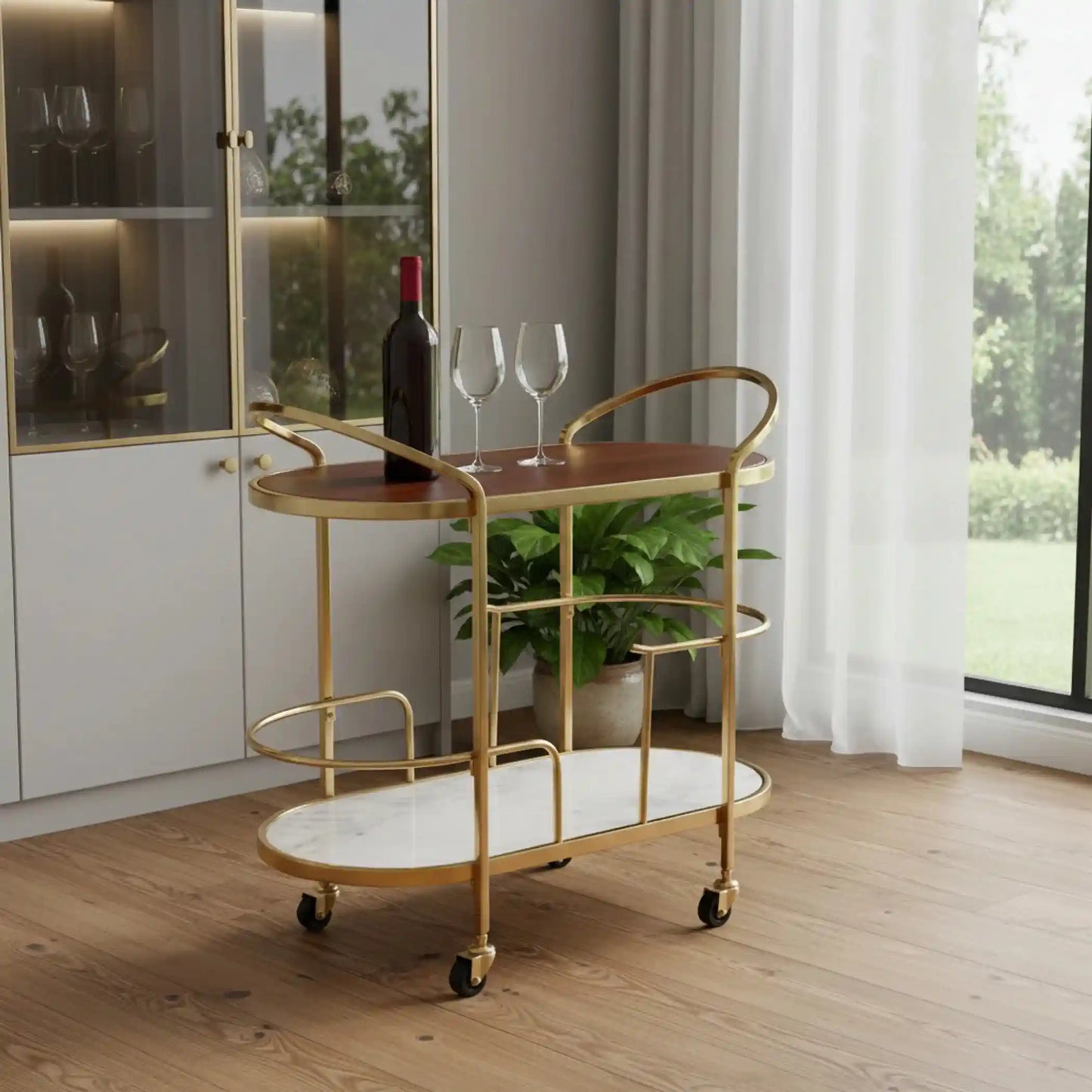 Marble & Acacia Oval Bar Cart with Brushed Gold Iron Frame