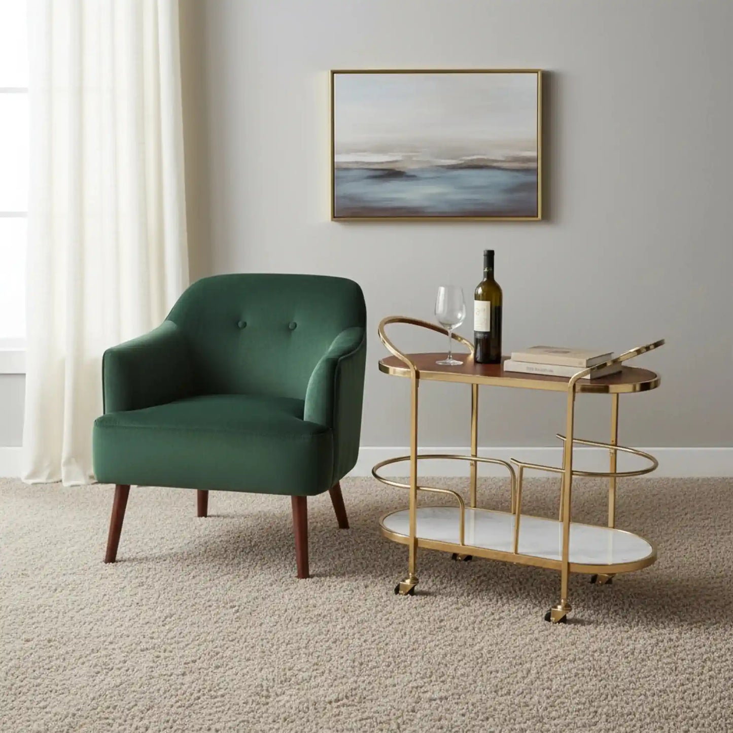 Marble & Acacia Oval Bar Cart with Brushed Gold Iron Frame