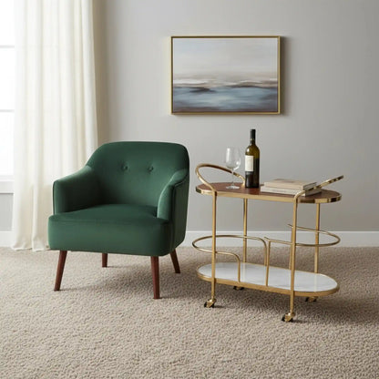 Marble & Acacia Oval Bar Cart with Brushed Gold Iron Frame