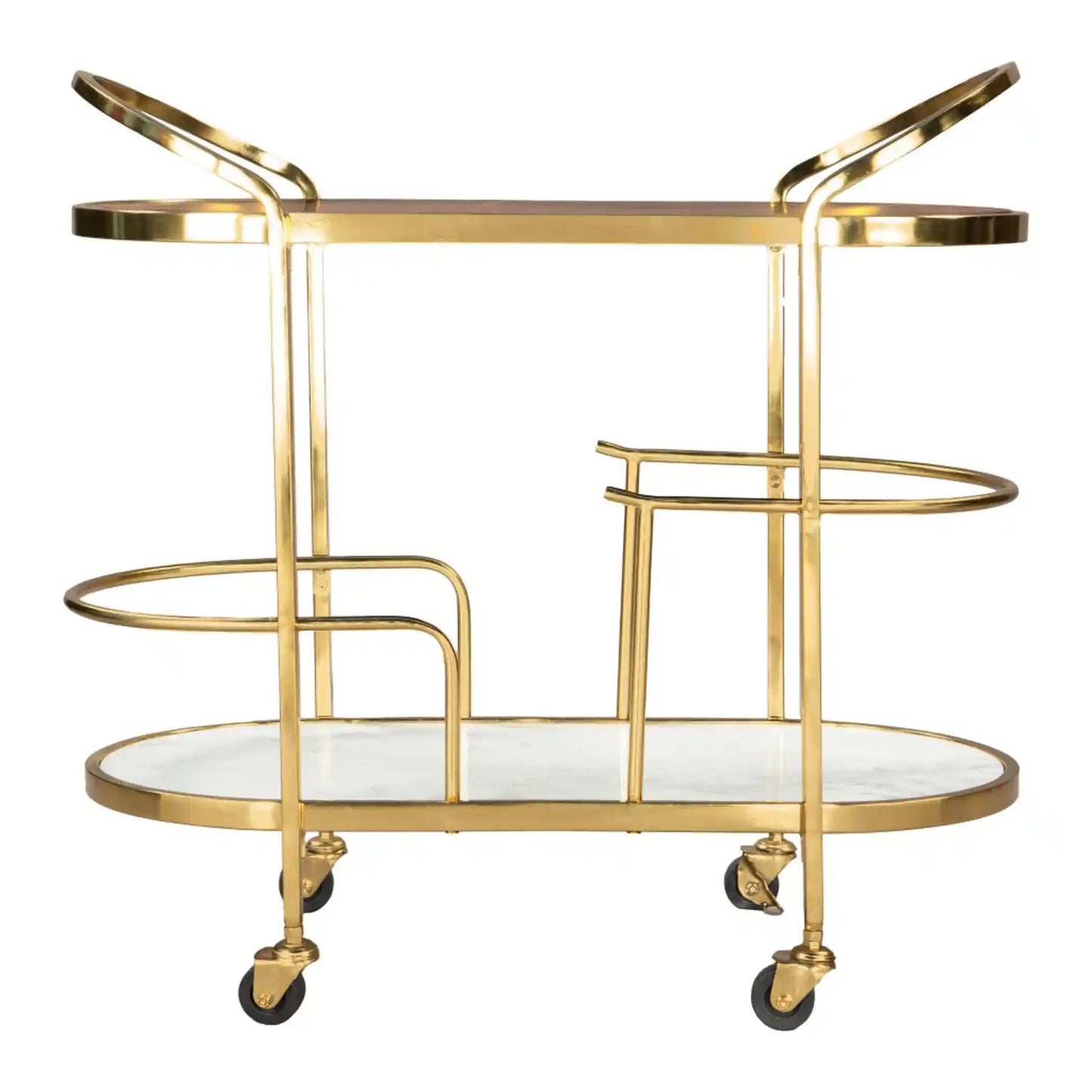 Marble & Acacia Oval Bar Cart with Brushed Gold Iron Frame