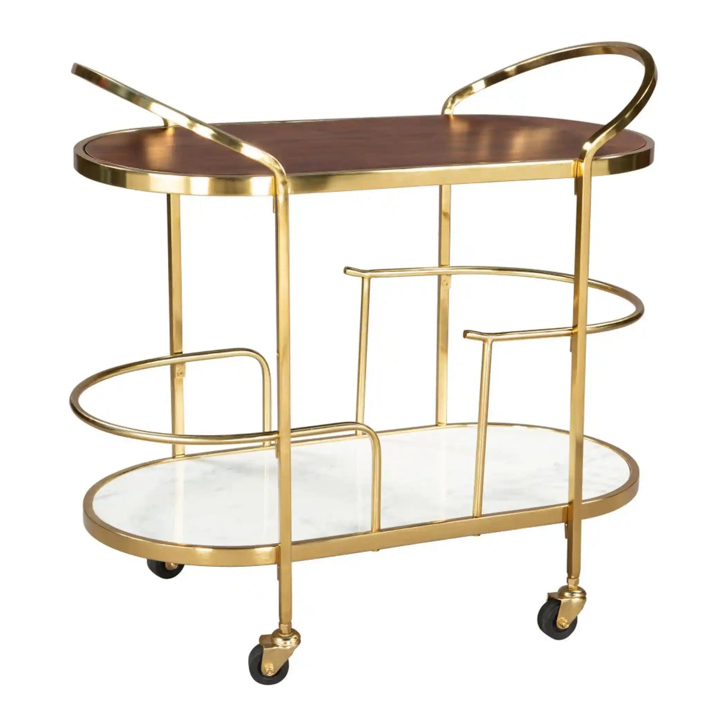 Marble & Acacia Oval Bar Cart with Brushed Gold Iron Frame