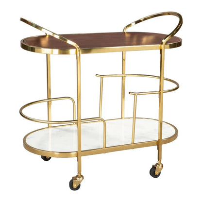 Marble & Acacia Oval Bar Cart with Brushed Gold Iron Frame