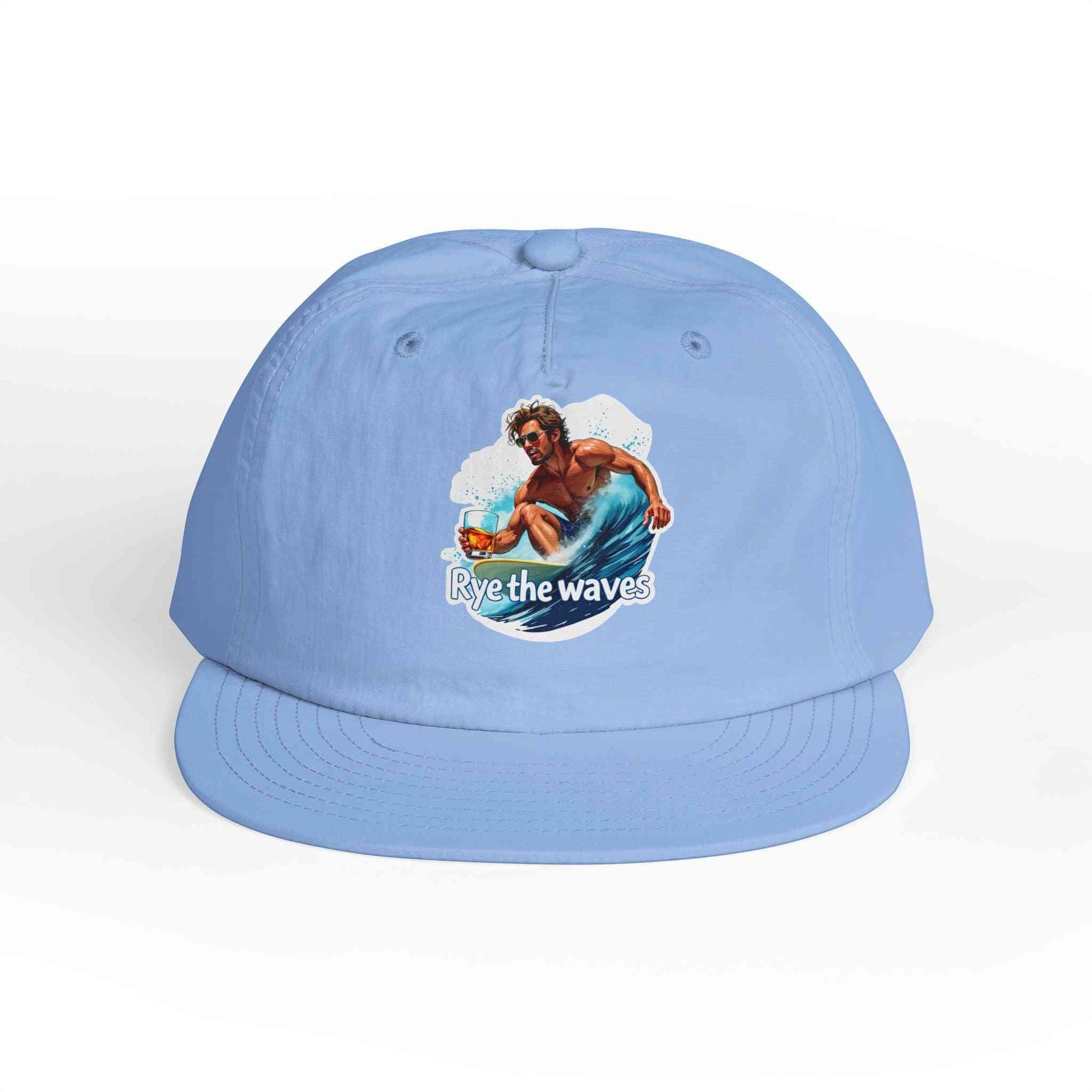 Sky blue Whiskey Bent Hat for Surfers Eco-Friendly Cap featuring surfer artwork, lightweight and ideal for sustainable surfwear.