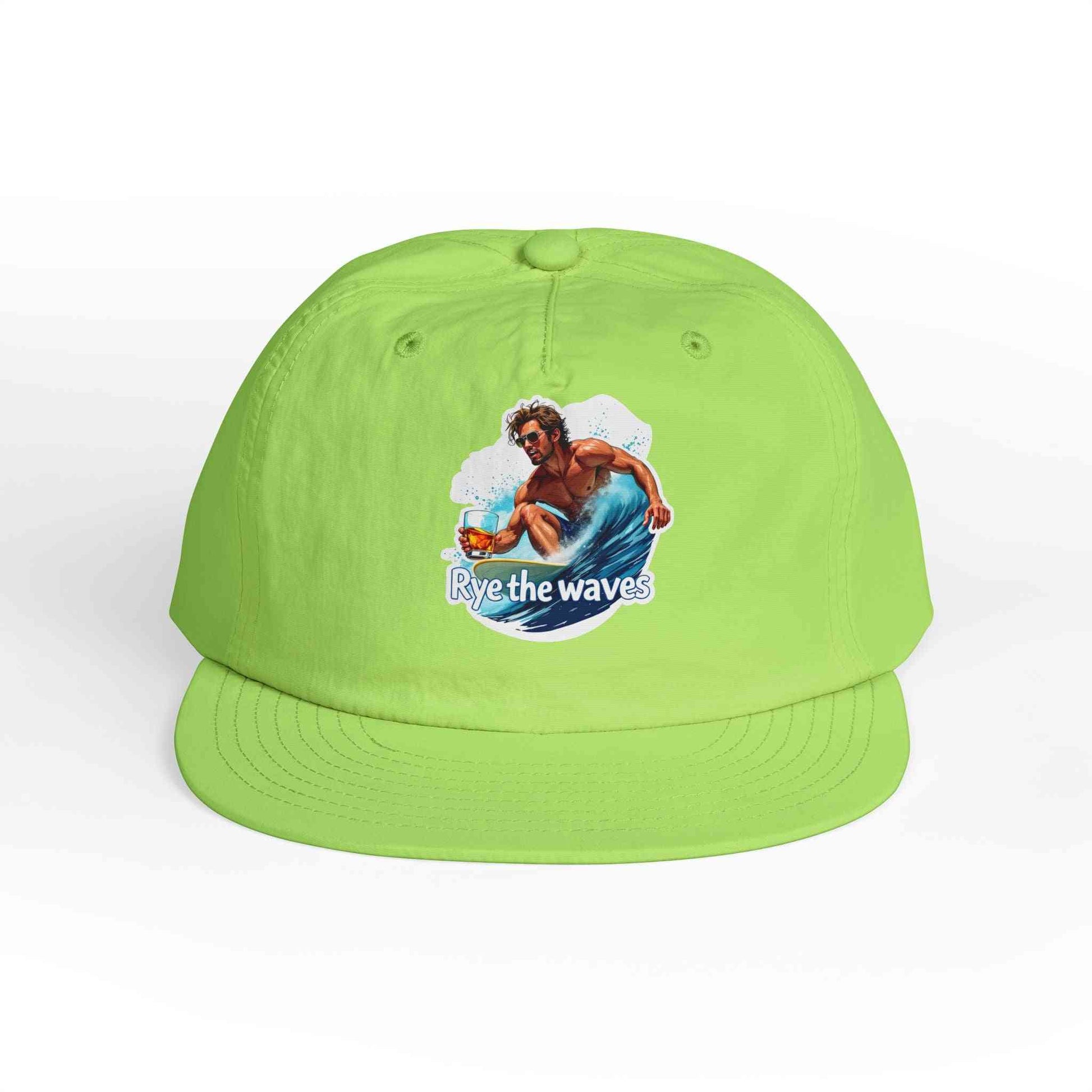 Lime green Whiskey Bent Hat for Surfers Eco-Friendly Cap with 'Rye the Waves' surfer graphic, ideal for sustainable beachwear.