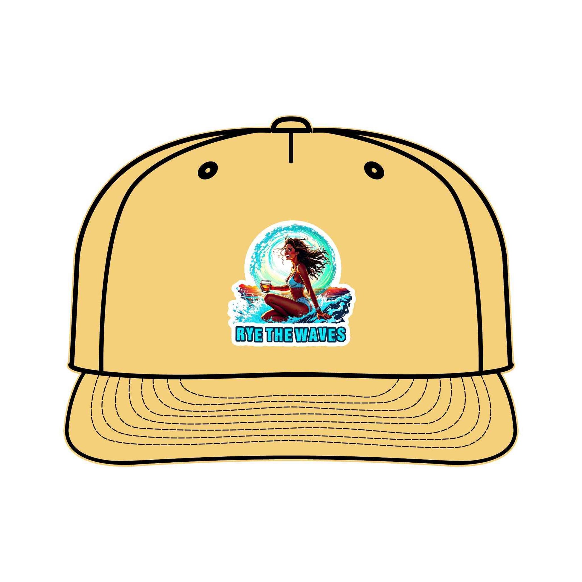 Whiskey Surf Cap in mustard yellow with 'Rye The Waves' surf girl graphic, eco-friendly and quick-dry for beach and outdoor adventures.