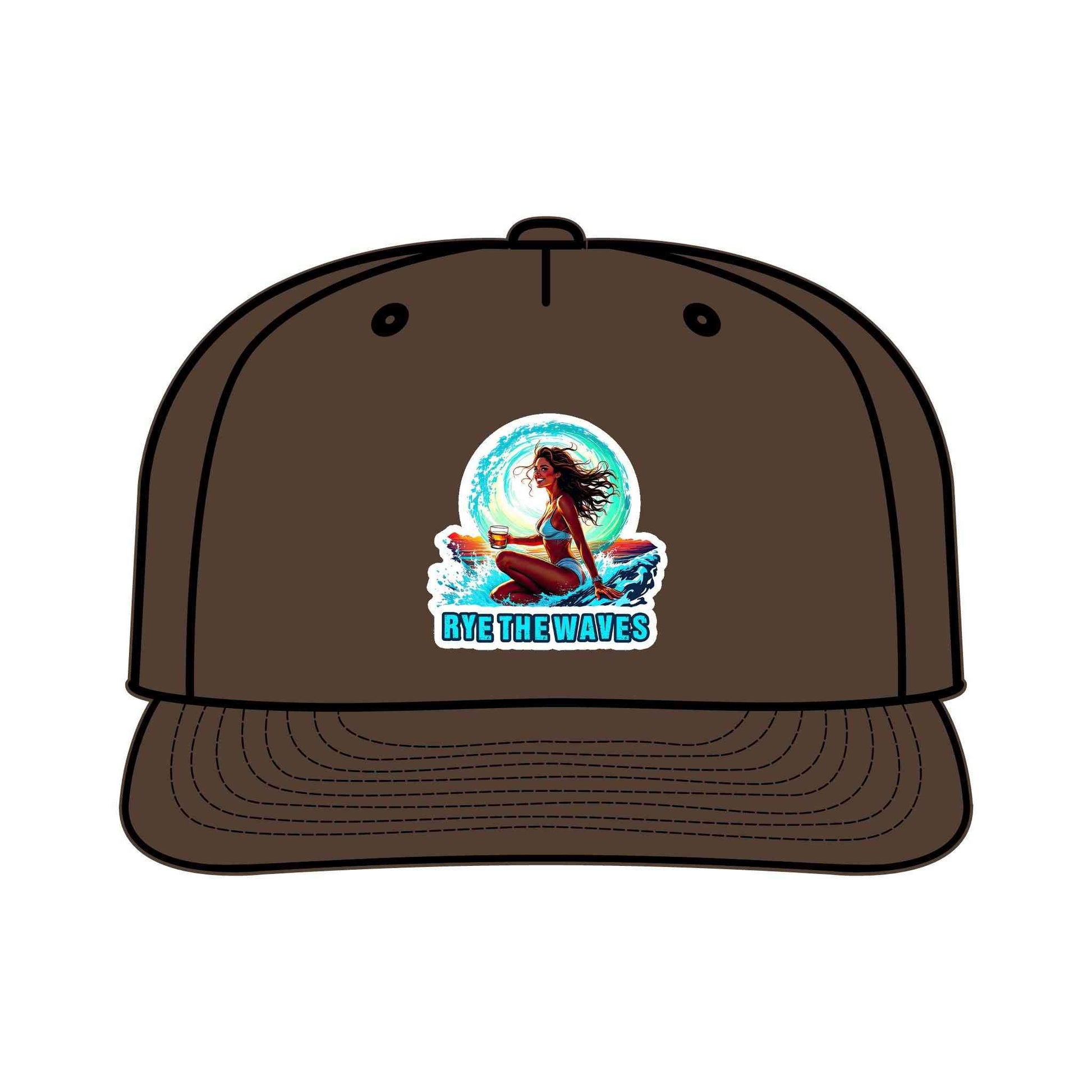 Dark brown Whiskey Surf Cap with vivid surf girl print and 'Rye The Waves' branding, sustainable and stylish for surf lovers.