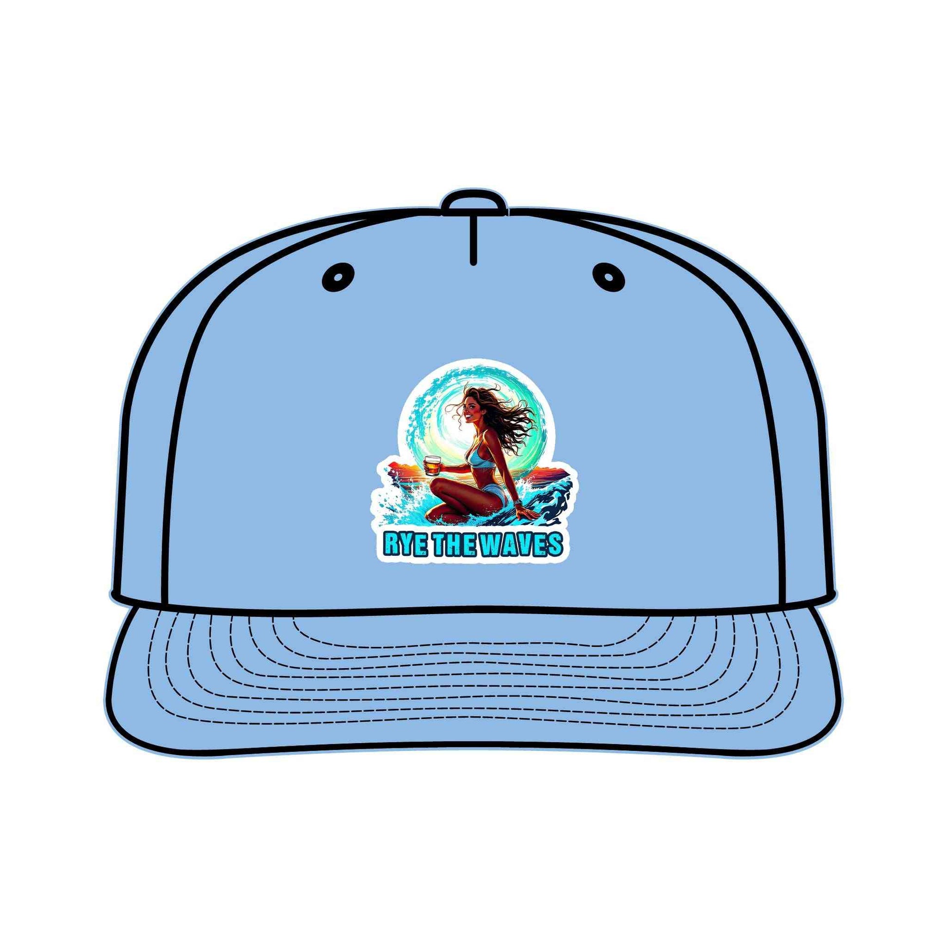 Sky blue Whiskey Surf Cap with surfing girl illustration and 'Rye The Waves' text, quick-dry and ideal for sustainable outdoor wear.