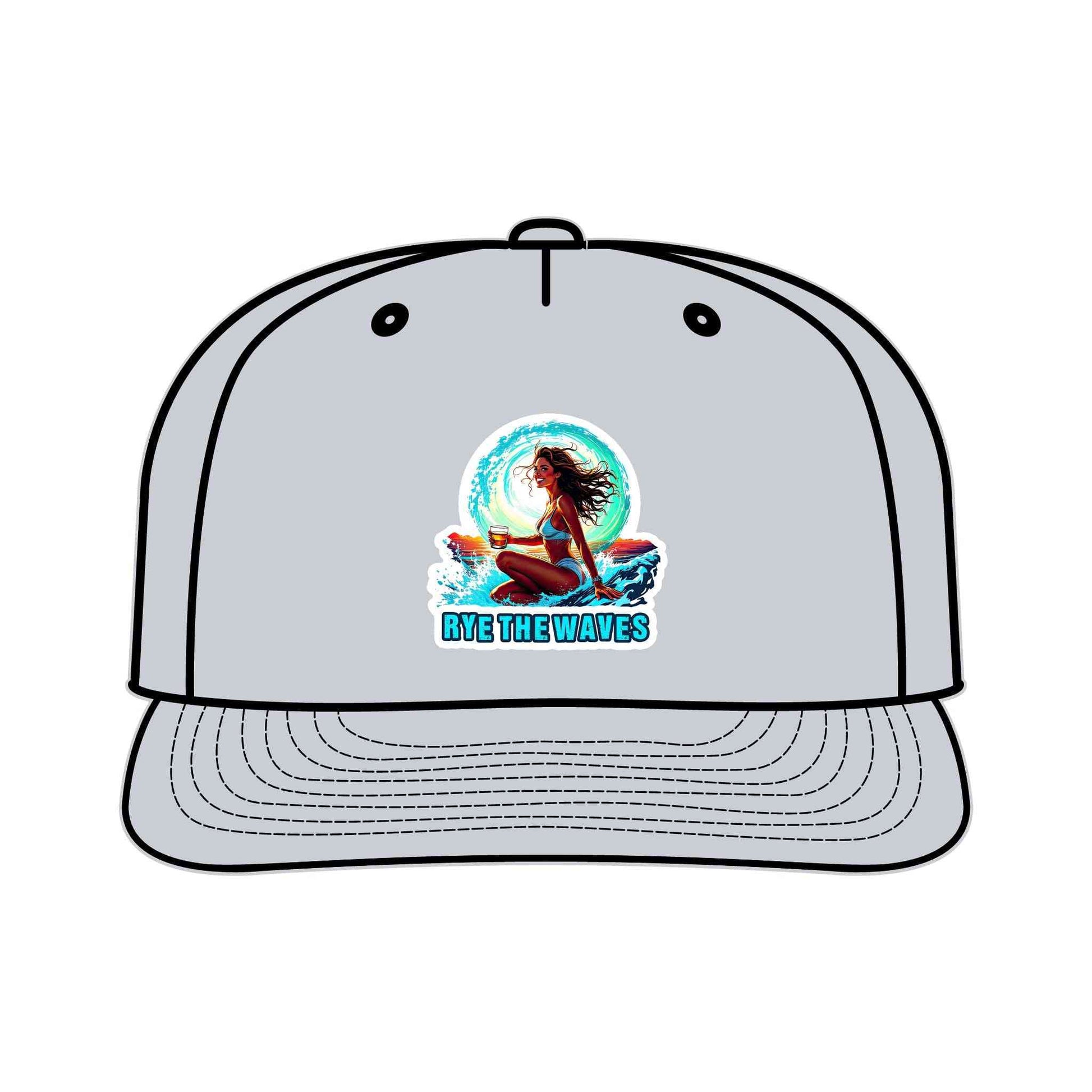 Light gray Whiskey Surf Cap with vivid surf girl graphic and 'Rye The Waves' logo, unstructured and made from recycled nylon.