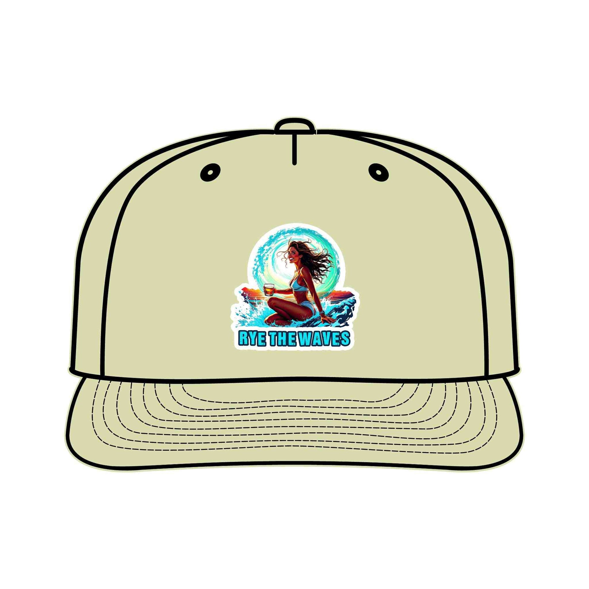 Light olive Whiskey Surf Cap with vibrant surf girl artwork and 'Rye The Waves' text, made from recycled nylon for eco-conscious surfers.