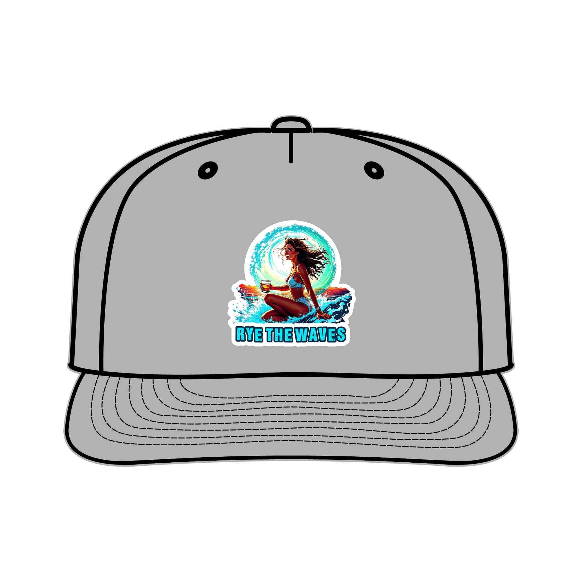Gray Whiskey Surf Cap with colorful surf girl and 'Rye The Waves' logo, made from recycled nylon for eco-conscious adventurers.