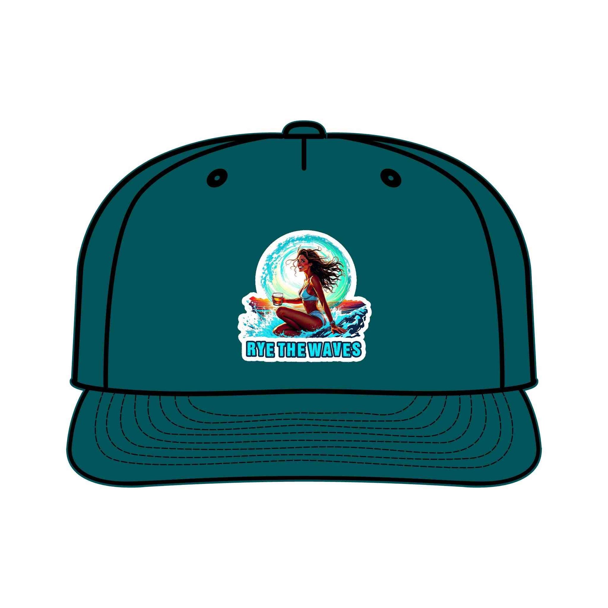 Teal Whiskey Surf Cap with colorful surf girl artwork and 'Rye The Waves' slogan, eco-conscious and lightweight for surfing gear lovers.