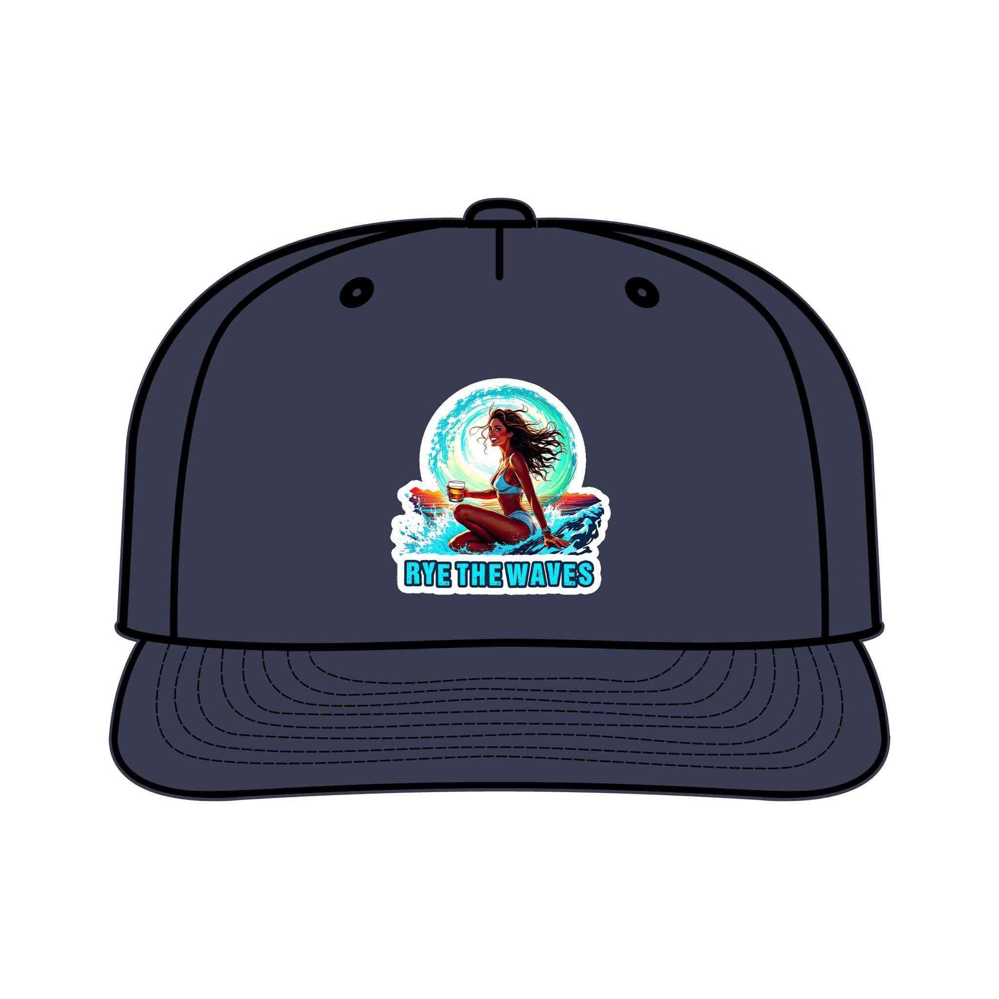 Navy blue Whiskey Surf Cap with colorful surf girl design and 'Rye The Waves' slogan, eco-friendly and perfect for surfing enthusiasts.