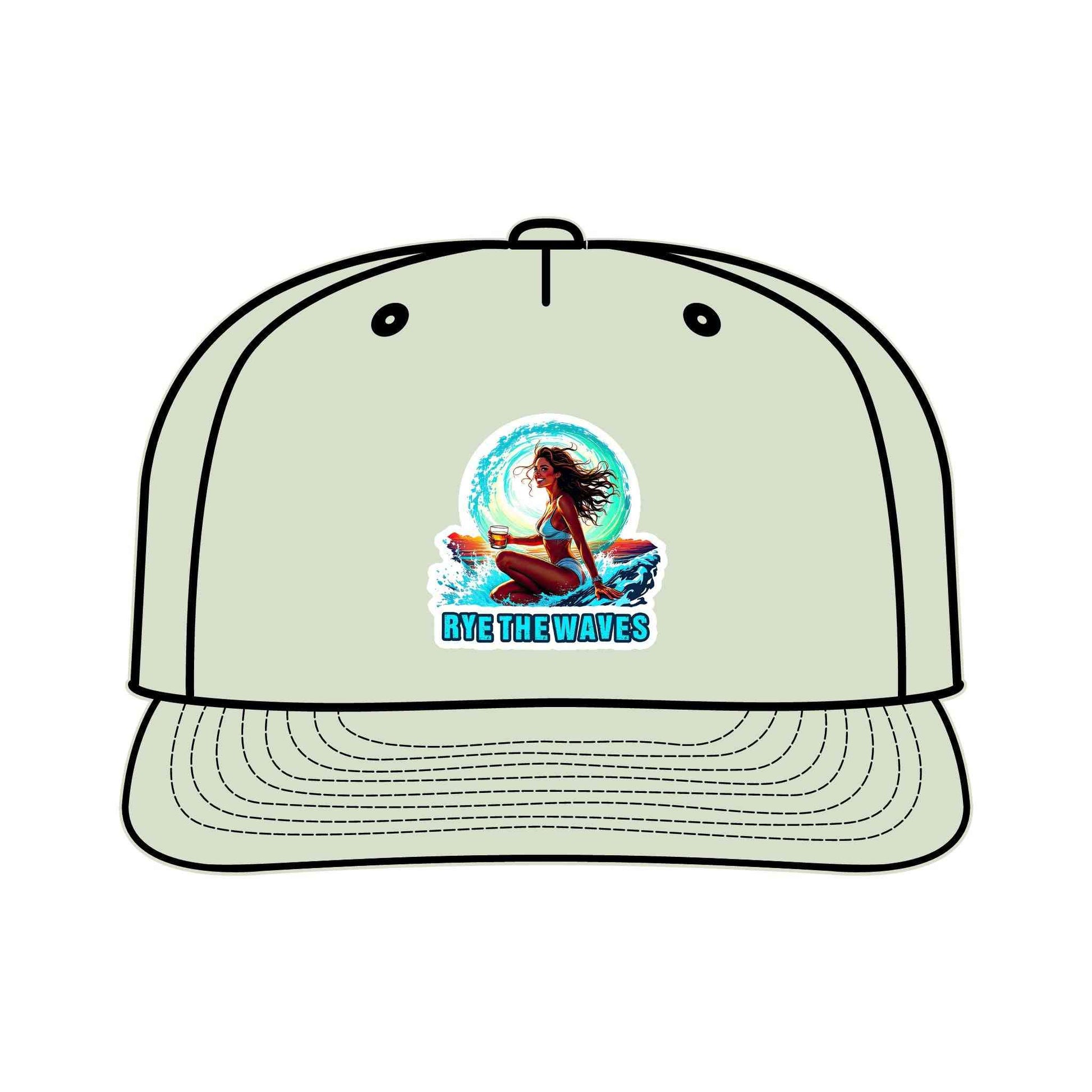 Mint green Whiskey Surf Cap with 'Rye The Waves' surf girl print, unstructured and sustainable for stylish beach and surf adventures.