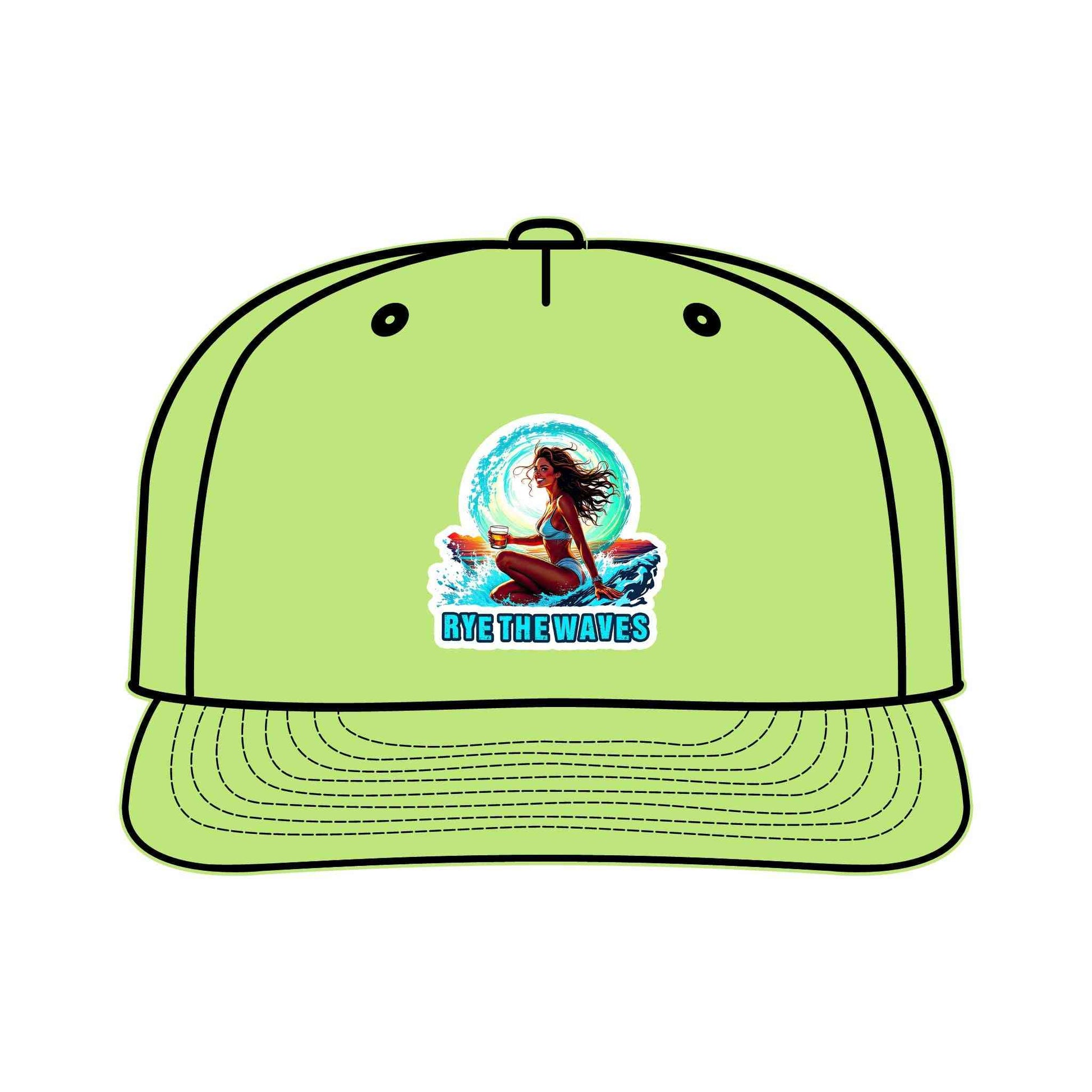 Whiskey Surf Cap in lime green with 'Rye The Waves' surf girl graphic, eco-friendly unisex snapback for beach and outdoor adventures.