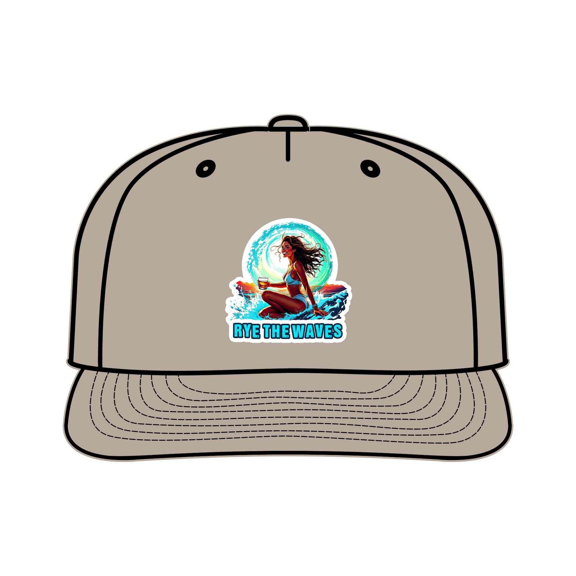 Taupe Whiskey Surf Cap with 'Rye The Waves' surf girl design, made from recycled materials for sustainable fashion and surfwear.