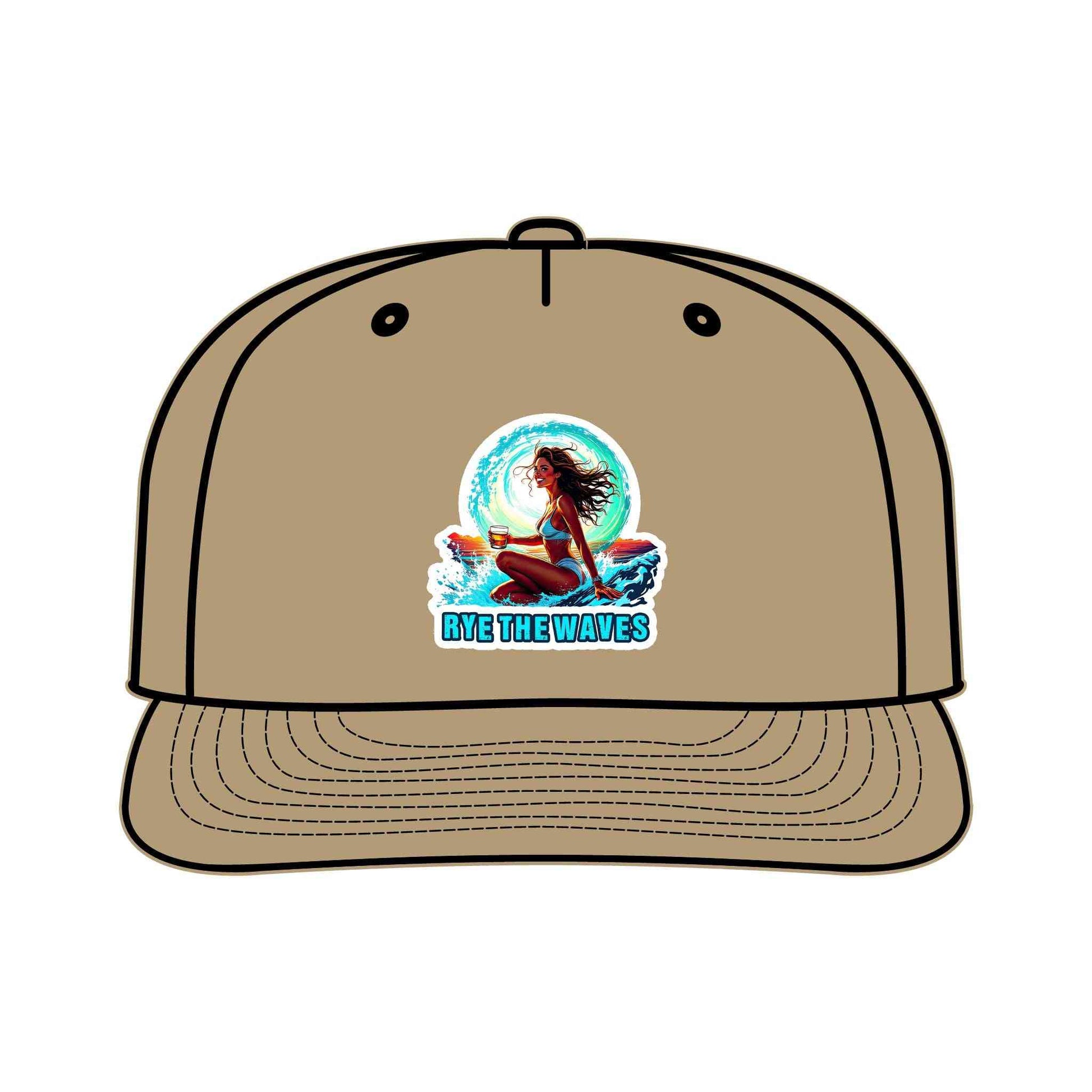 Tan Whiskey Surf Cap featuring surf girl artwork and 'Rye The Waves' text, eco-friendly and ideal for beach and outdoor adventures.