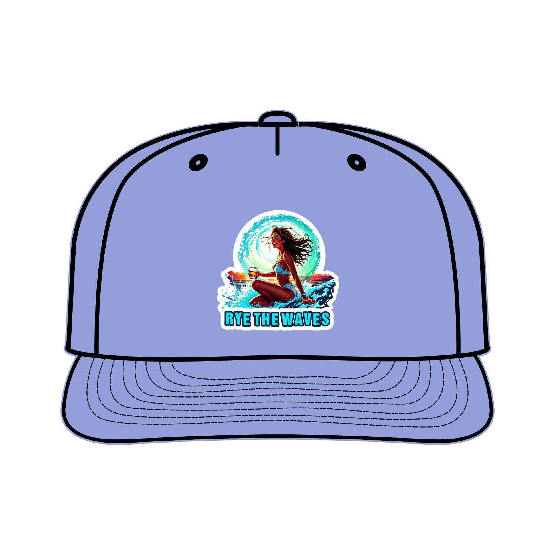 Lavender Whiskey Surf Cap with artistic surf girl and 'Rye The Waves' text, sustainable and stylish cap for beach and casual wear.