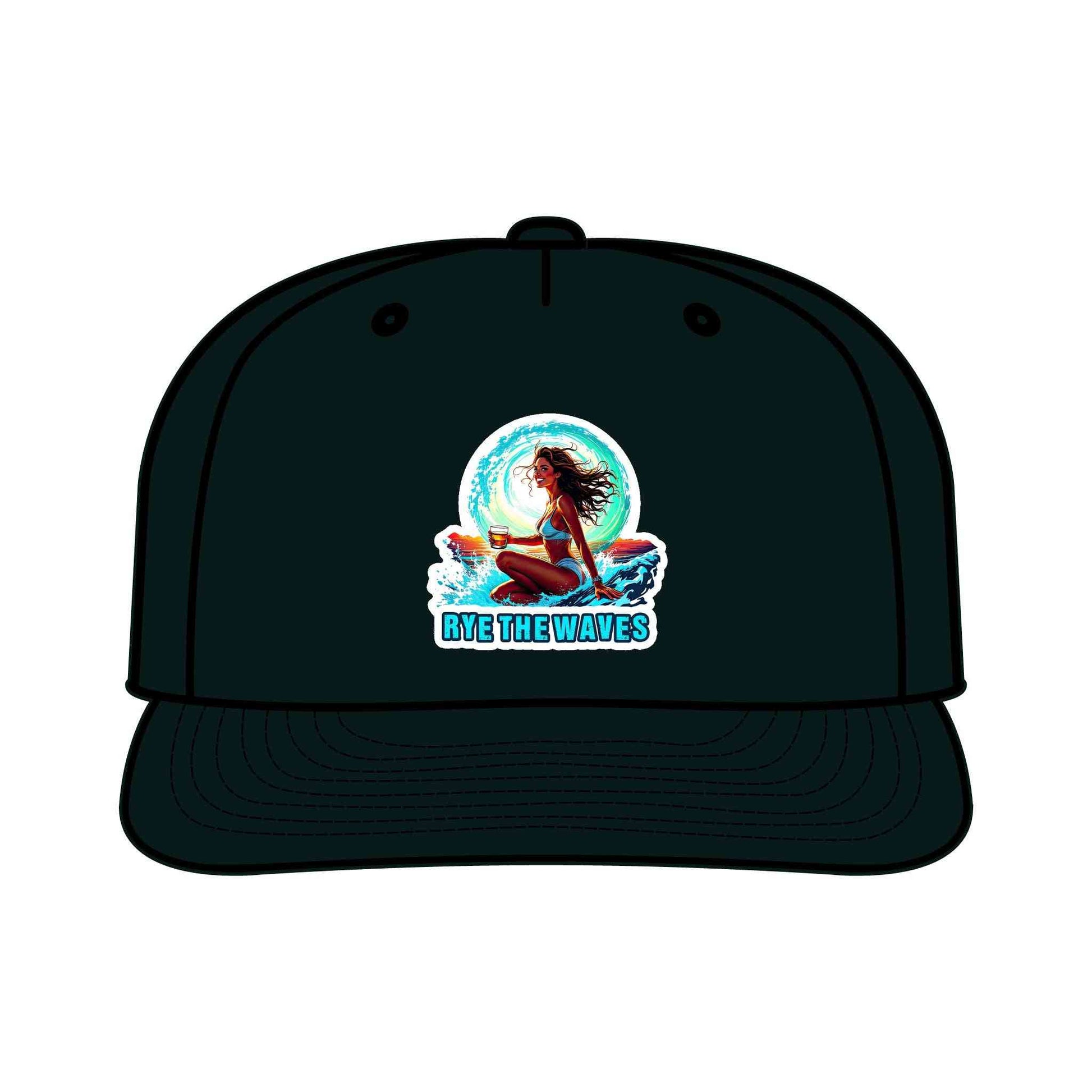 Black Whiskey Surf Cap with bold surf girl and 'Rye The Waves' print, sustainable fashion accessory for beach and back-to-school style.