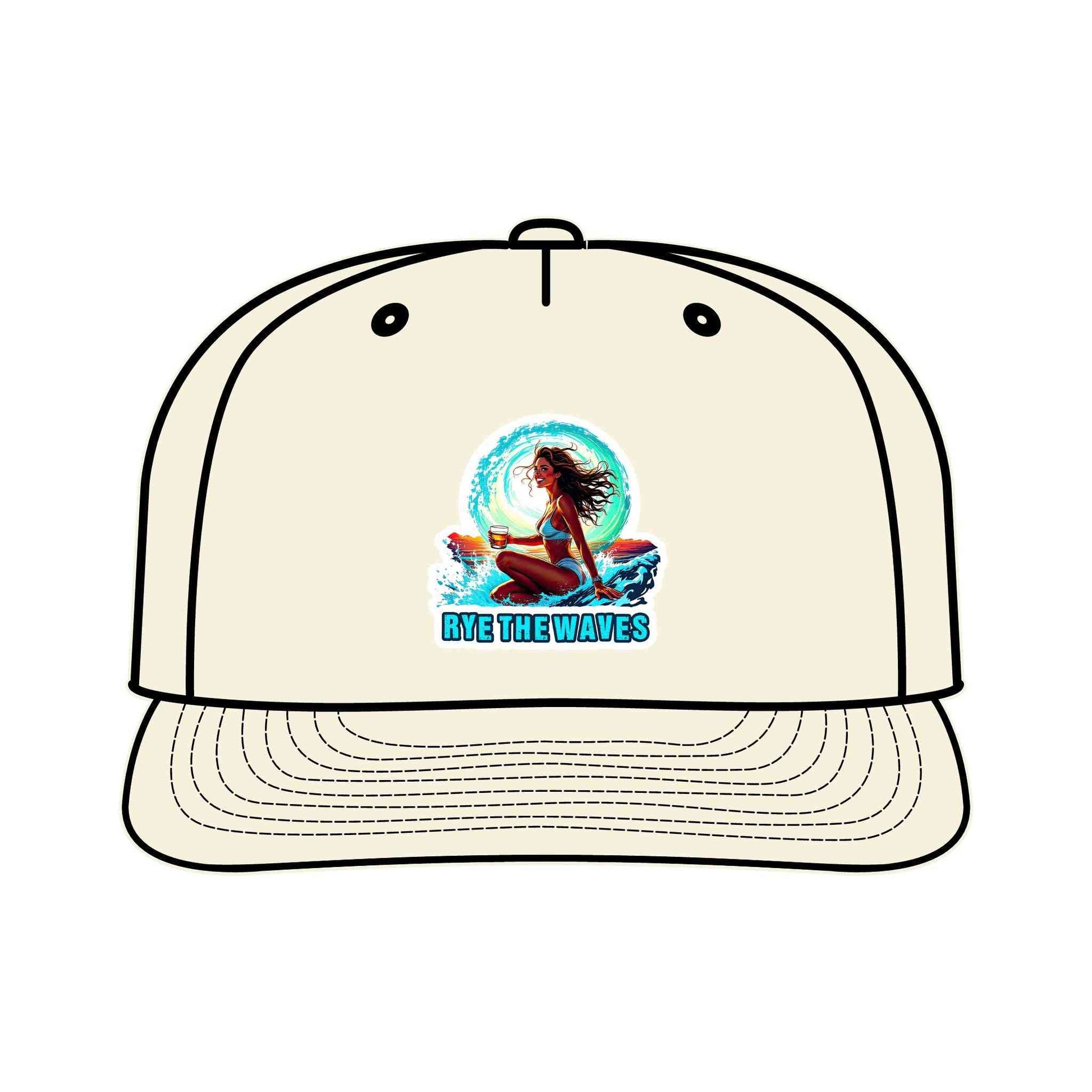Cream Whiskey Surf Cap with 'Rye The Waves' surf girl graphic, lightweight and eco-friendly for sustainable outdoor fashion.