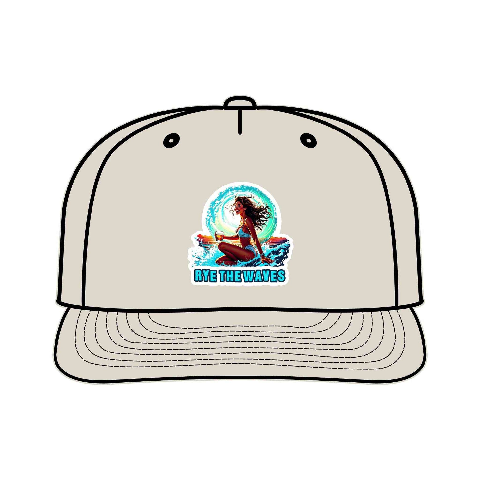 Eco-friendly Whiskey Surf Cap in light gray featuring 'Rye The Waves' surf girl design, ideal for sustainable outdoor and surfwear fashion.
