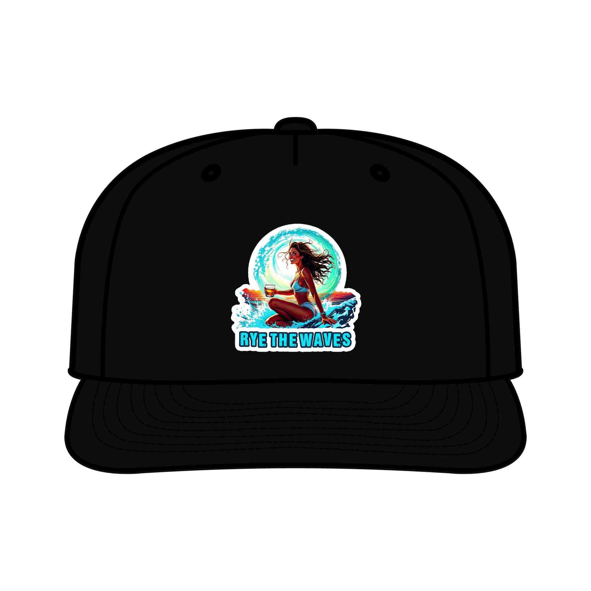 Black Whiskey Surf Cap with vibrant 'Rye The Waves' surf girl graphic, sustainable and quick-drying for stylish ocean adventures.