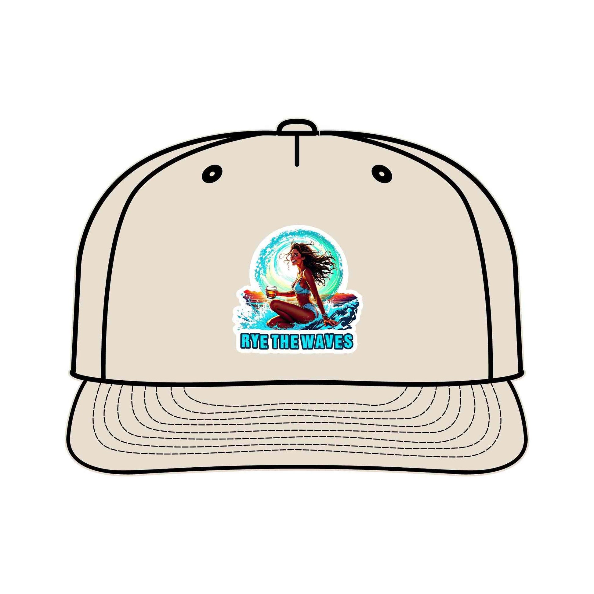 Beige Whiskey Surf Cap with colorful surf girl and 'Rye The Waves' logo, perfect for eco-conscious beachgoers and outdoor lovers.
