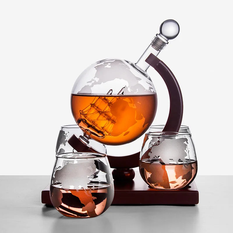 Fancy Globe Whiskey Decanter Set with Wood Stand