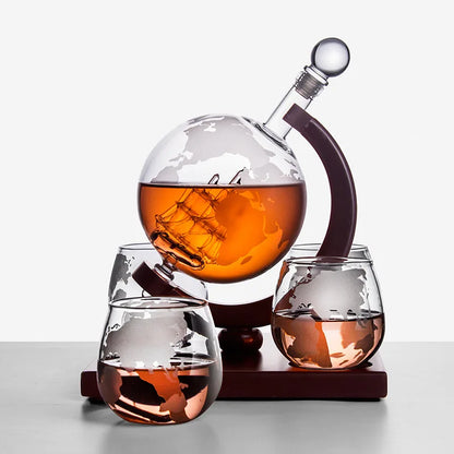 Fancy Globe Whiskey Decanter Set with Wood Stand