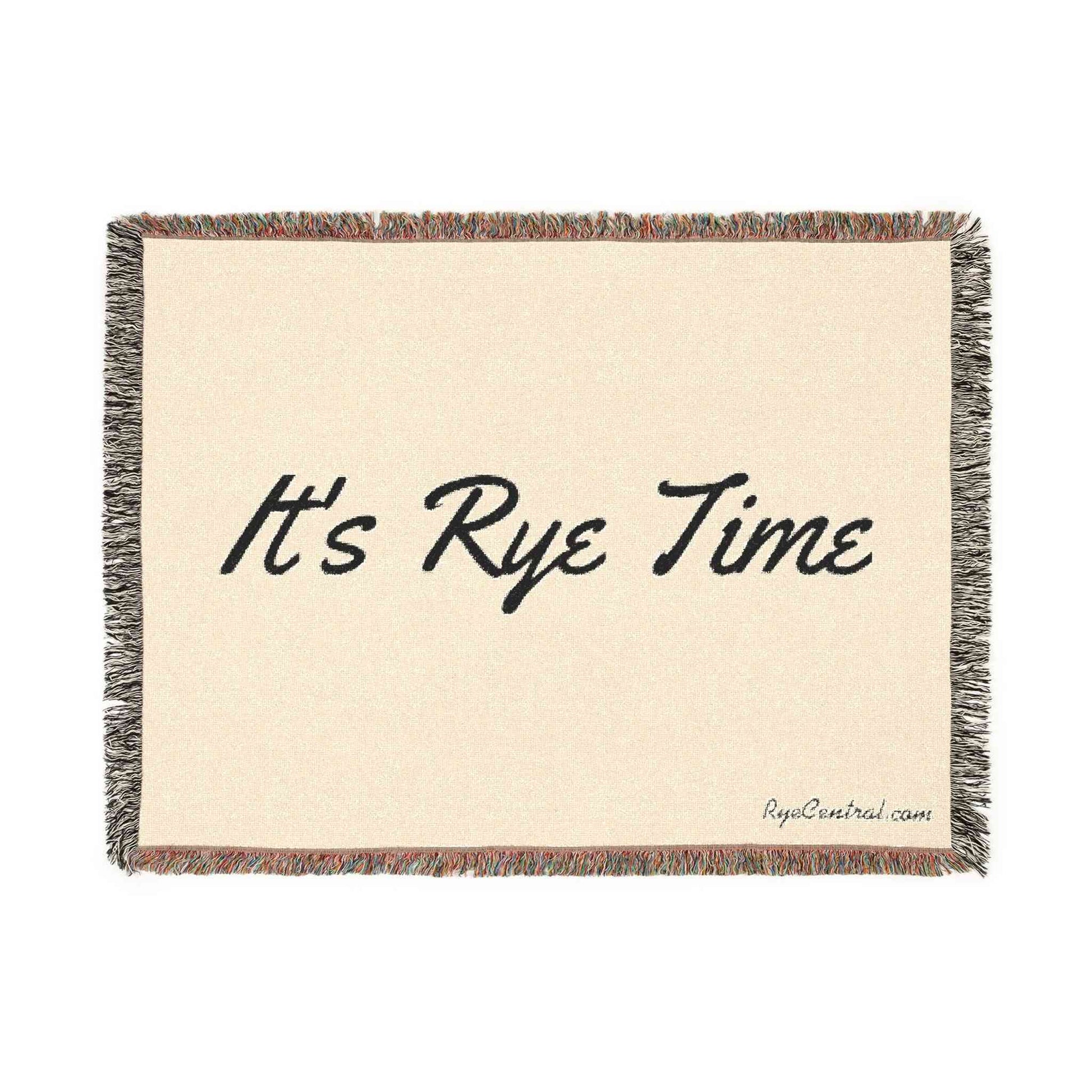 Beige throw blanket with black 'It's Rye Time' lettering, a cozy comfort gift for whiskey fans and home decor enthusiasts.