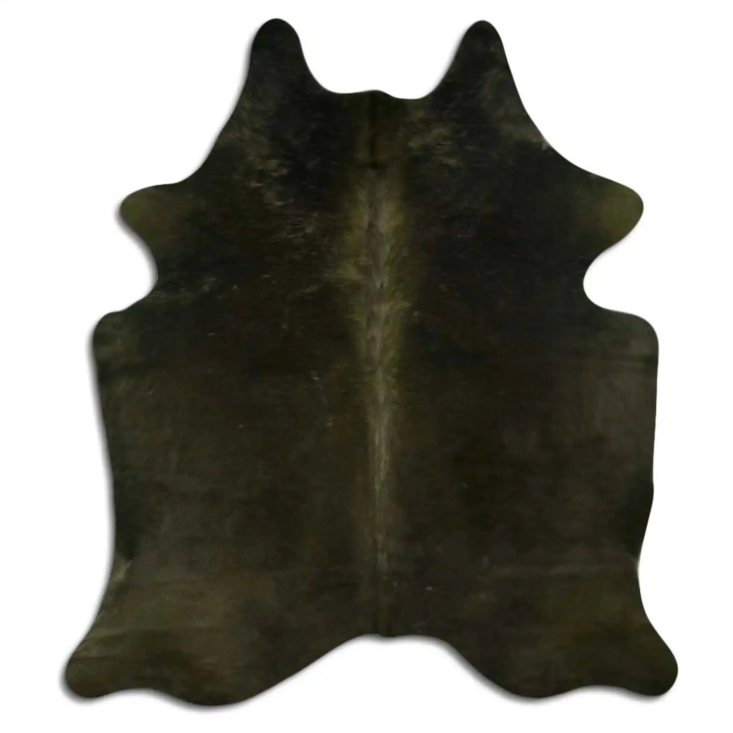 High-quality olive green dyed cowhide rug with natural hair texture, Grade A, suitable for stylish home and garden décor.