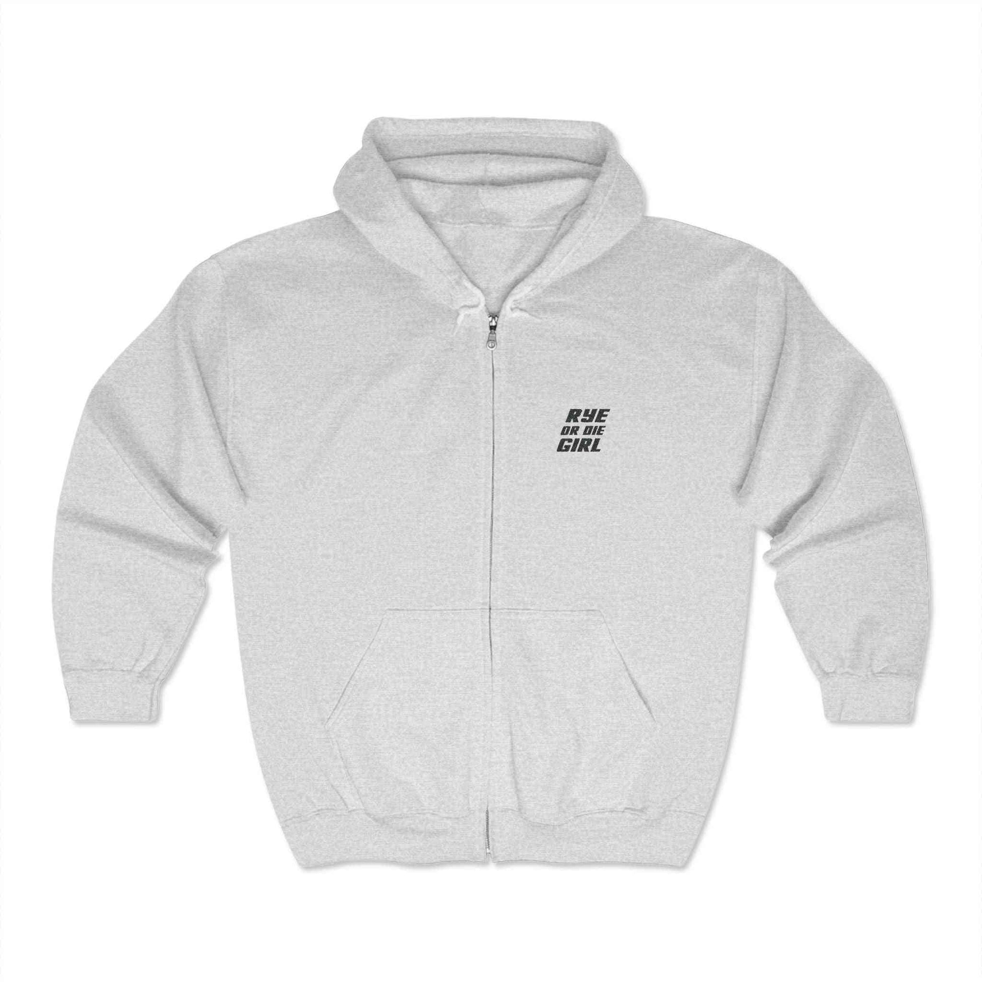 Light gray women’s whiskey sweatshirt featuring 'Rye or Die Girl' slogan, cozy zip-up hoodie for casual wear.