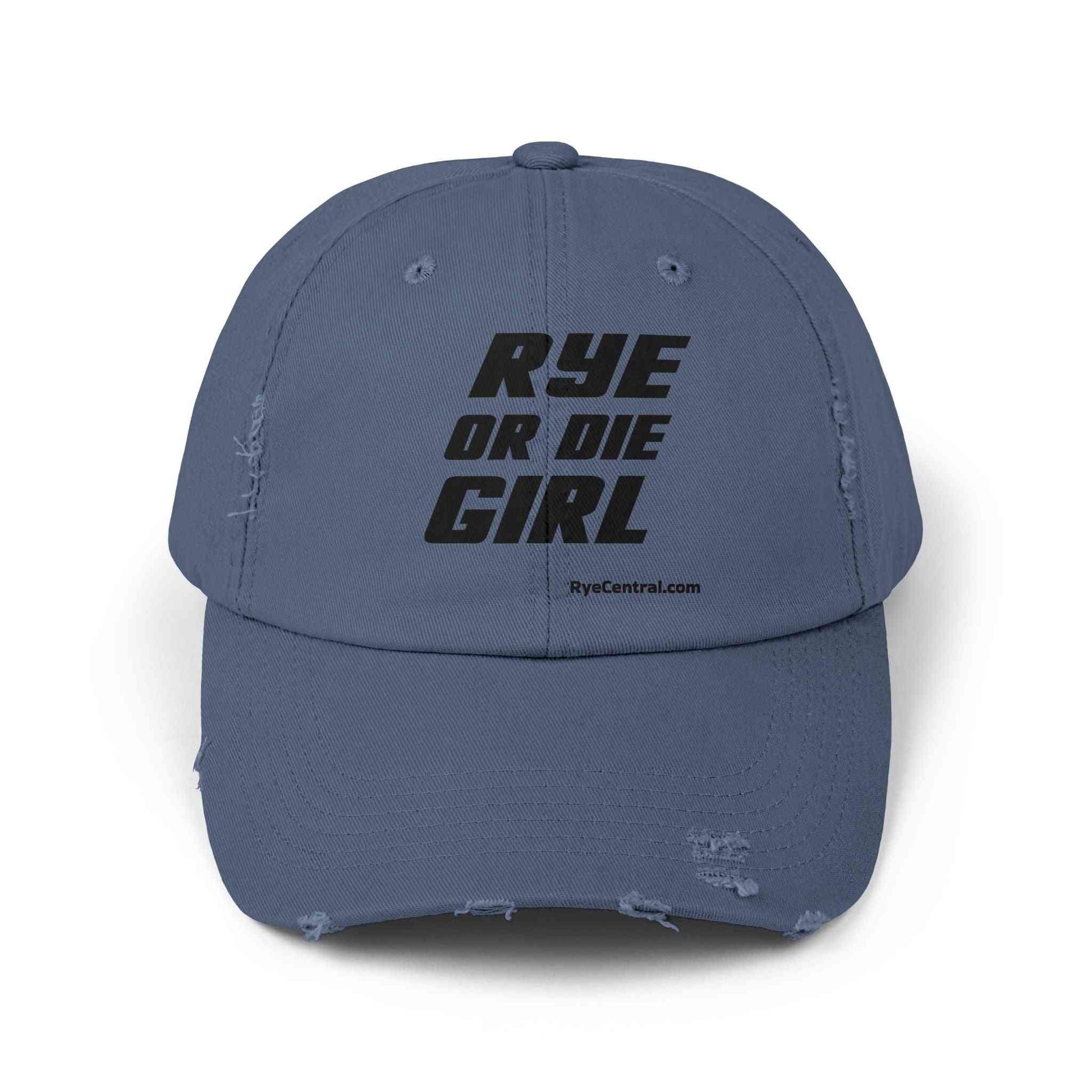 Blue distressed whiskey cap with 'Rye Or Die Girl' slogan, made from cotton twill for comfort and whiskey-themed fashion.