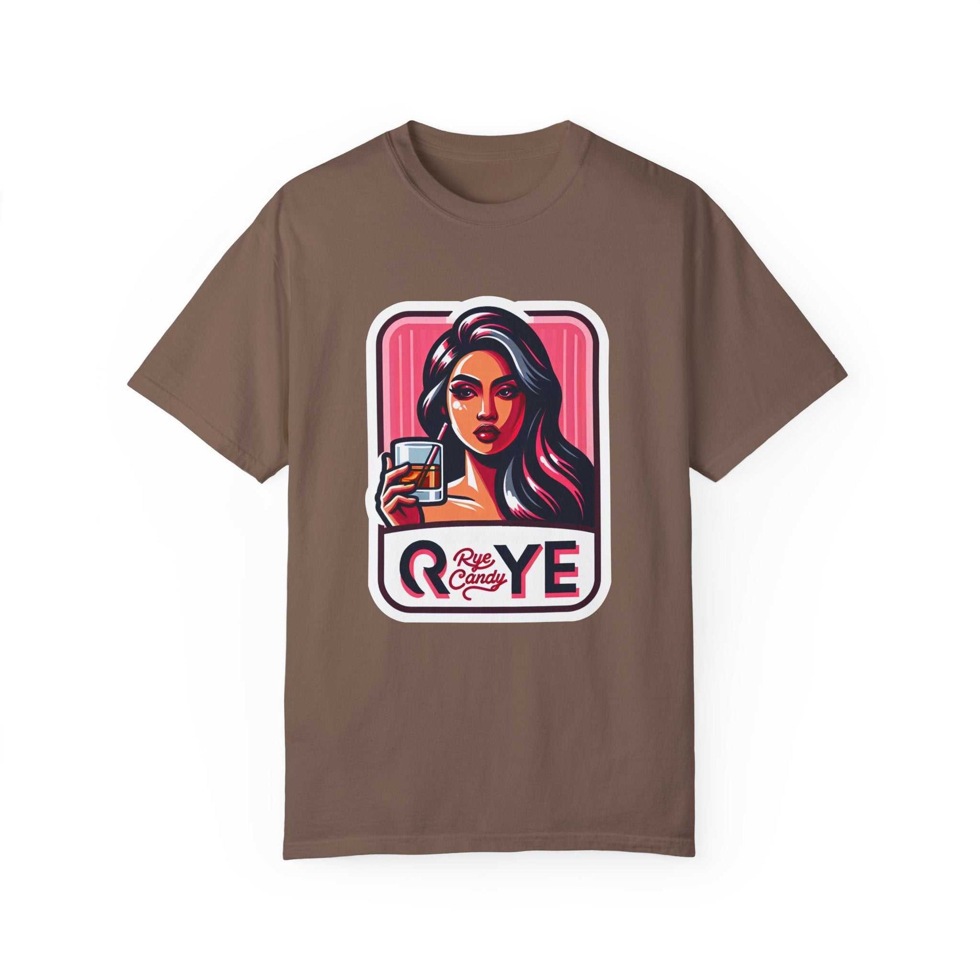 Brown funny whiskey T-shirt with colorful woman and whiskey illustration—perfect for fans of rye and bold fashion statements.
