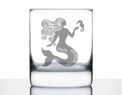 Close-up of Stylish Mermaid Whiskey Glass for Beach Lovers with detailed etched mermaid and seahorse, perfect for unique cocktail glass sets.