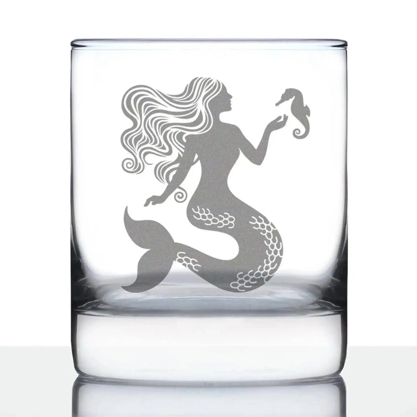 Stylish Mermaid Whiskey Glass for Beach Lovers featuring a hand-etched mermaid with seahorse design, perfect for coastal-themed drinkware collections.