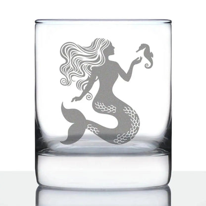 Stylish Mermaid Whiskey Glass for Beach Lovers featuring a hand-etched mermaid with seahorse design, perfect for coastal-themed drinkware collections.
