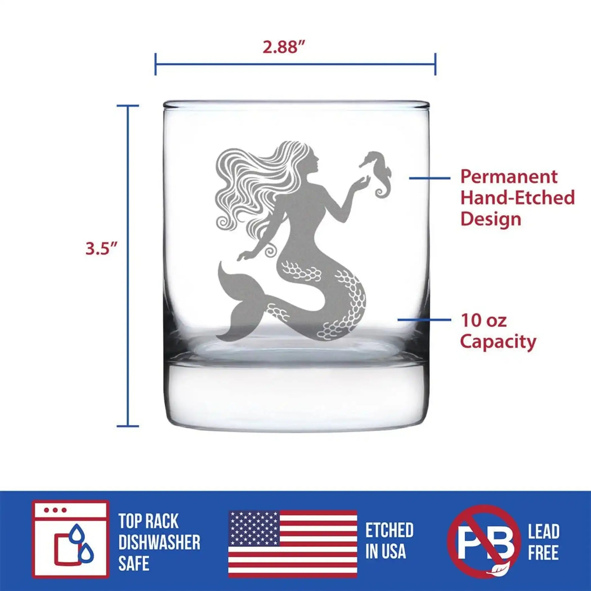 Product diagram of Mermaid Whiskey Glass showing 10 oz capacity, 3.5 inch height, and hand-etched design, dishwasher safe and lead-free.