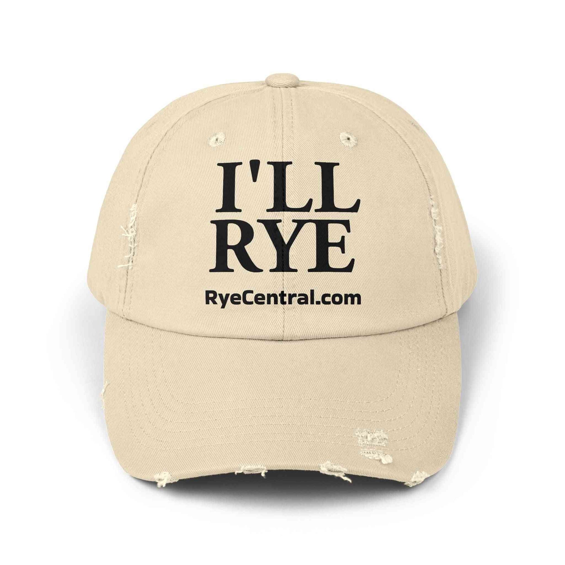 Unisex distressed whiskey cap in beige with 'I'LL RYE' slogan and RyeCentral.com text, ideal for rye lovers seeking a unique casual style.