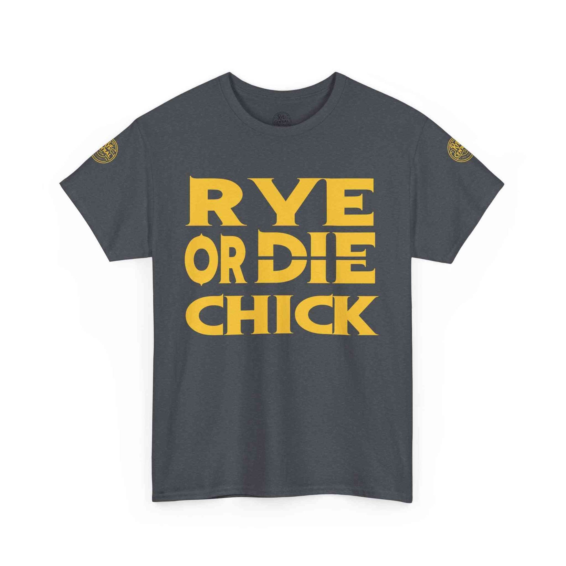 Heather gray funny whiskey t-shirt for women with yellow 'Rye or Die Chick' print, great for casual rye-themed outfits.