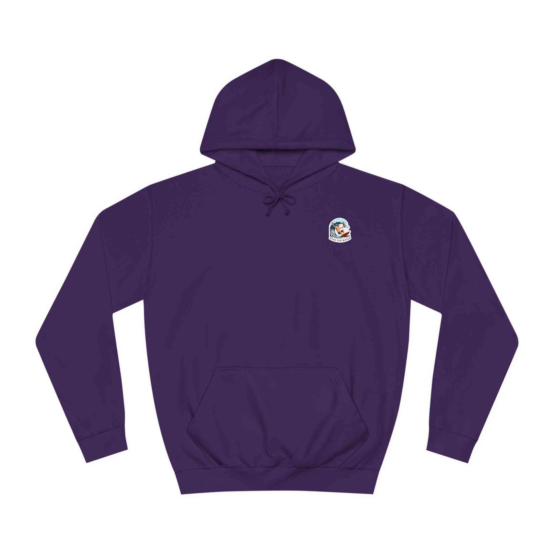 Purple Coastal Whiskey Hoodie Unisex with surf-themed chest patch, a vegan-friendly hoodie for trendy, relaxed outfits.