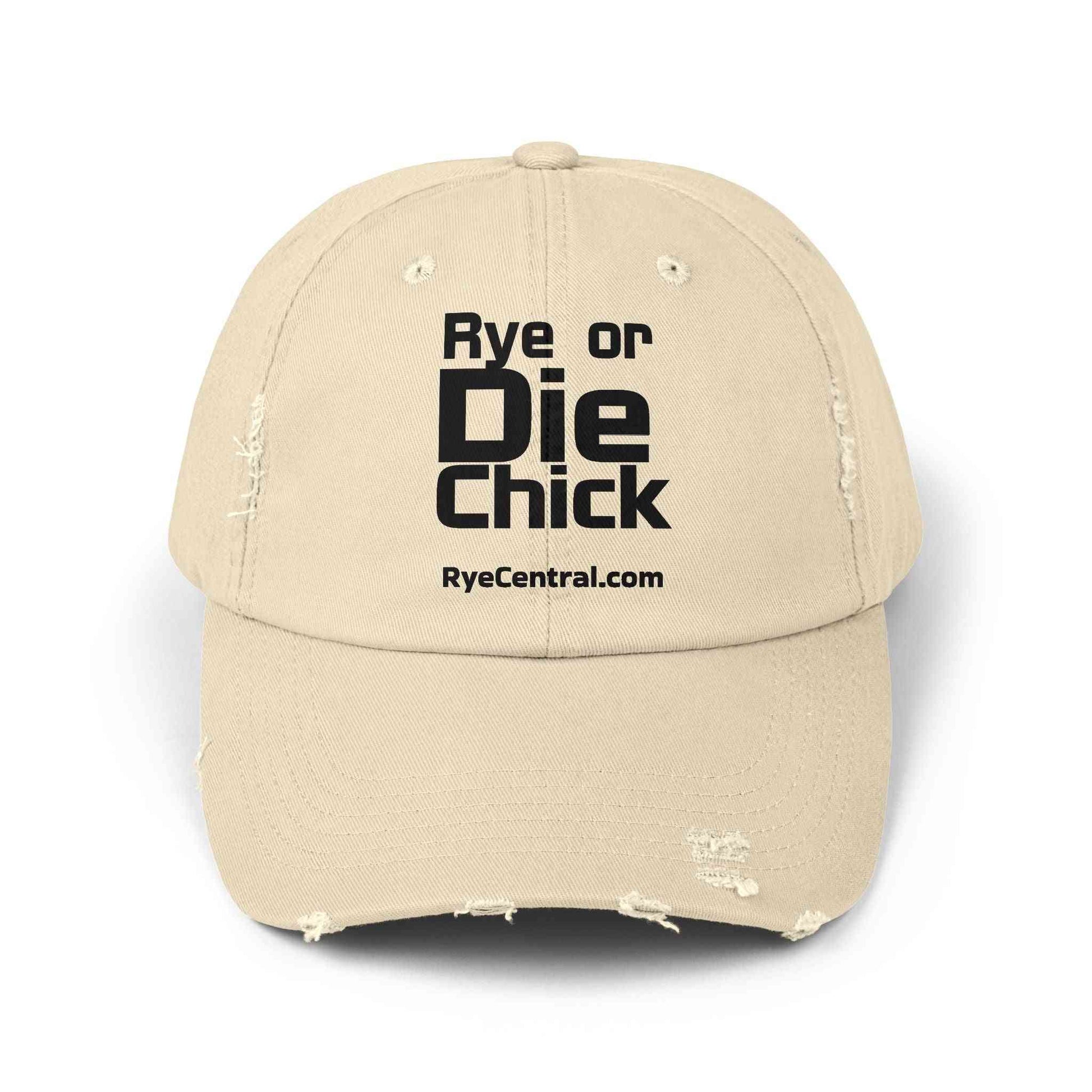 Beige Rye Whiskey Distressed Cap featuring 'Rye or Die Chick' text, a trendy unisex hat for whiskey lovers and casual wear.