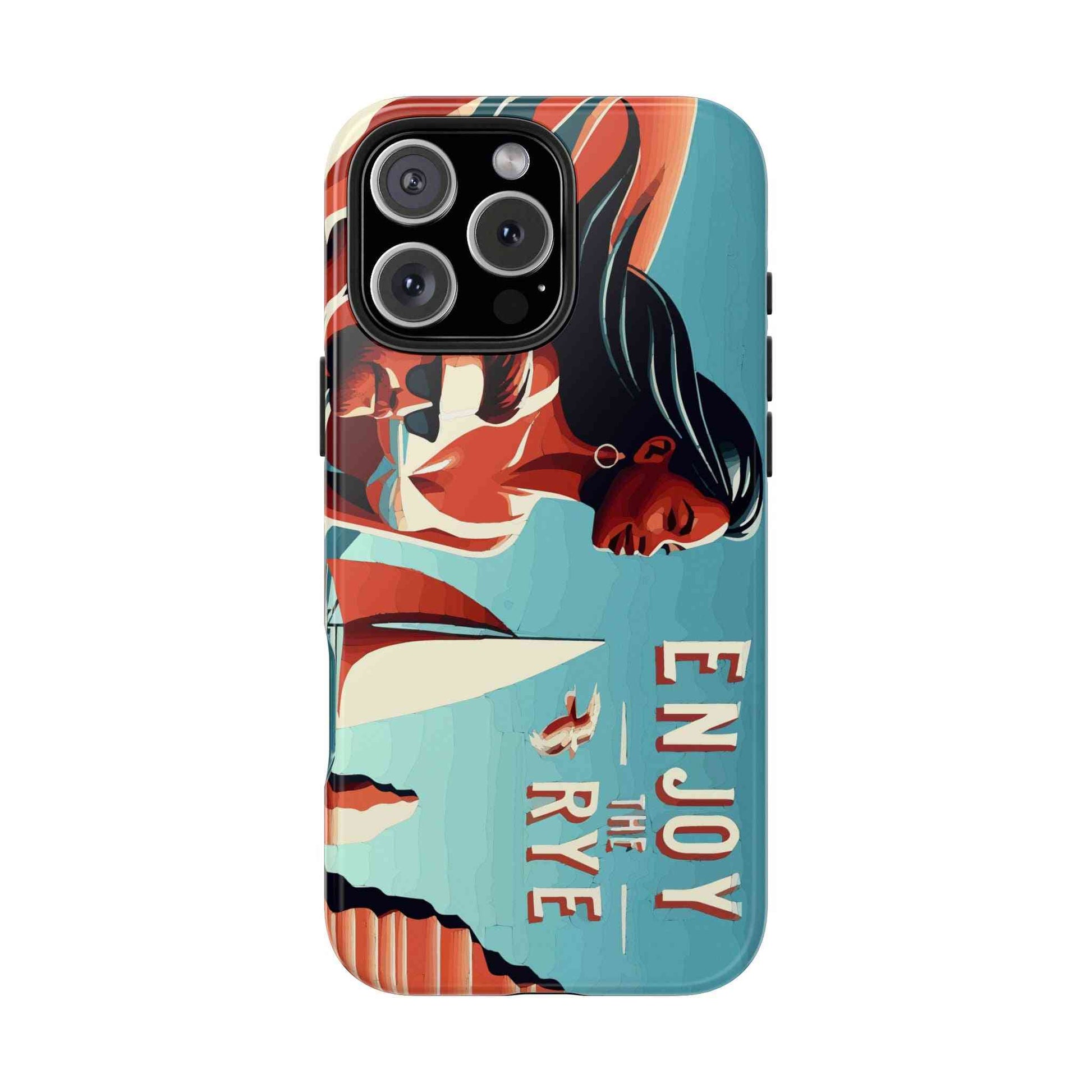 Durable phone case with 'Enjoy the Rye' design, showcasing a woman in a boat scene, perfect for whiskey enthusiasts.