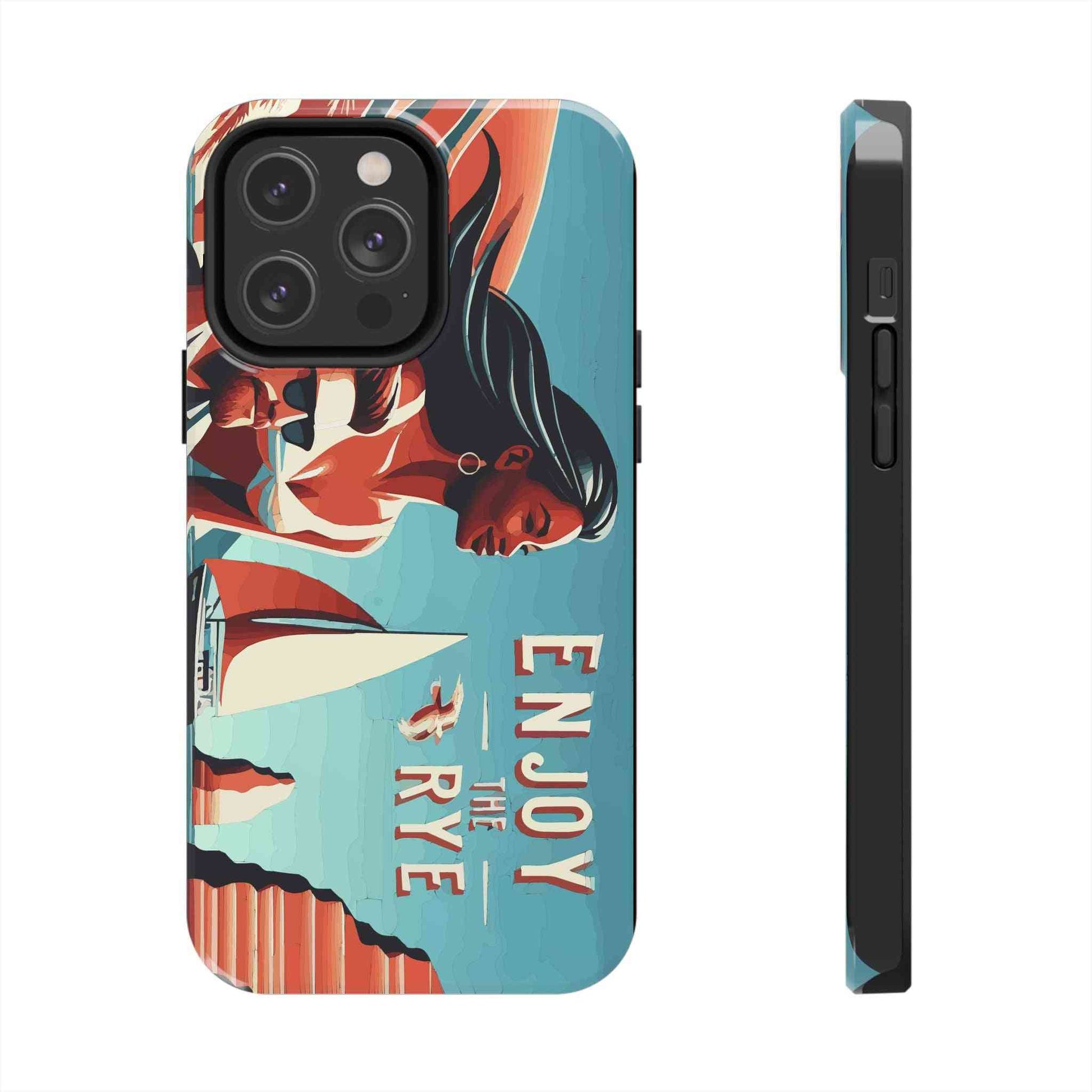 Durable 'Enjoy the Rye' phone case with whiskey-inspired art, showcasing a woman and sailboat in a retro coastal scene.