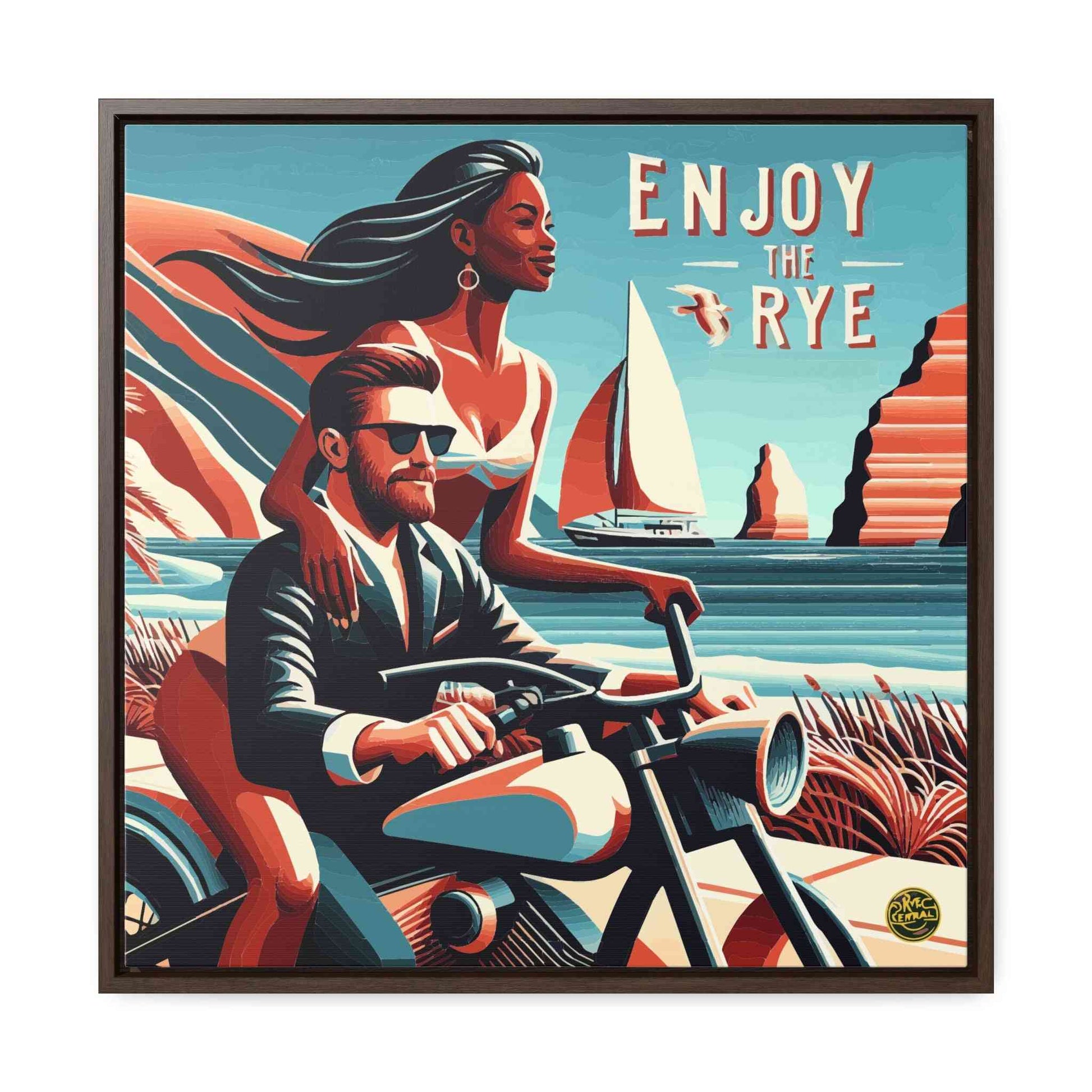 Enjoy The Rye Whiskey Canvas featuring a stylish couple and ocean backdrop, perfect for whiskey enthusiasts’ home interiors.