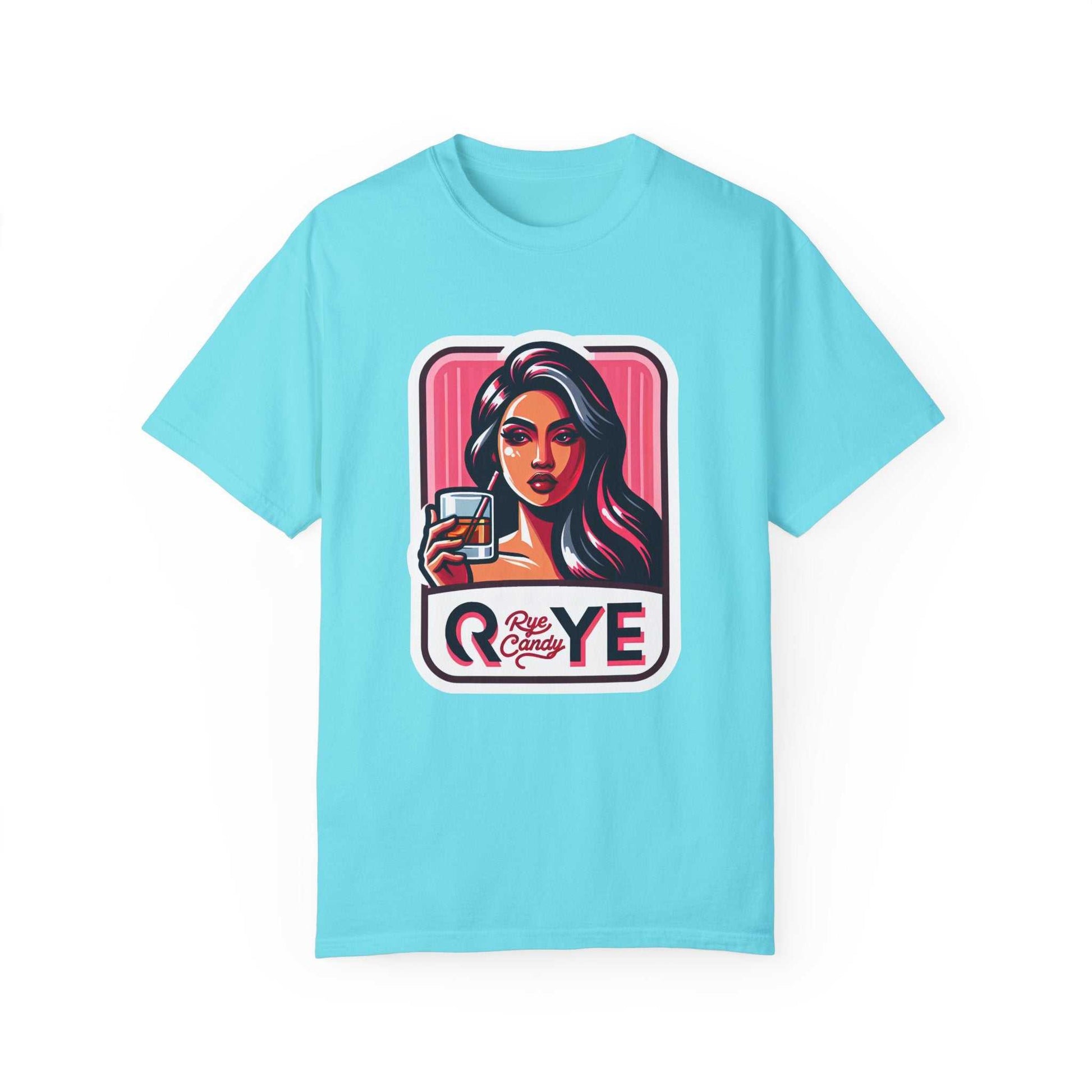 Light blue funny whiskey T-shirt featuring bold woman and whiskey design—adds playful charm to any whiskey lover's outfit.
