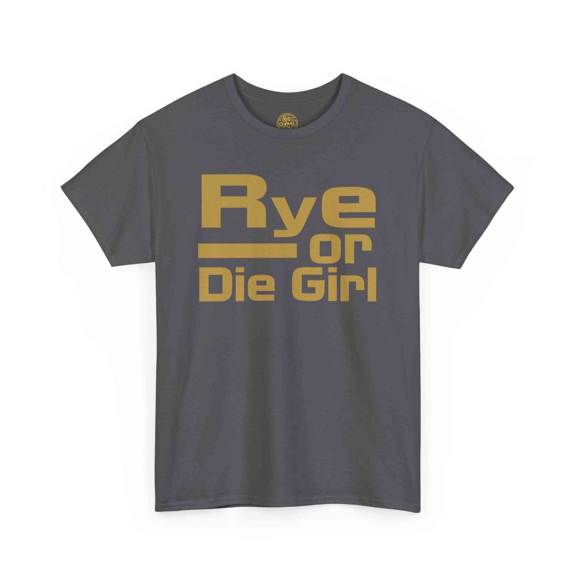 Slate gray women's whiskey t-shirt with gold 'Rye or Die Girl' lettering, perfect for casual and trendy looks.