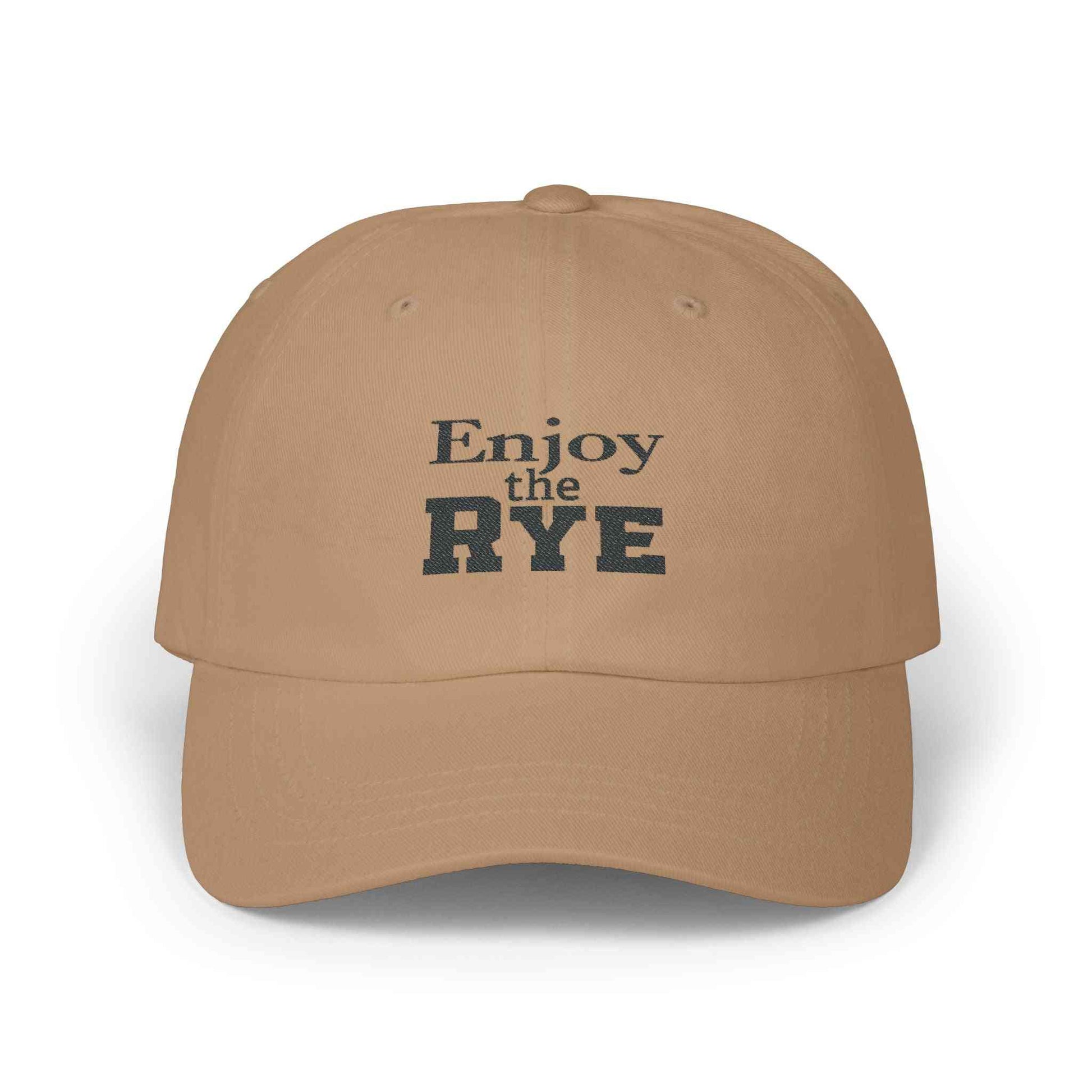 Tan Classic Whiskey Drinking Hat with black 'Enjoy the RYE' text, perfect for whiskey enthusiasts and casual outfits.